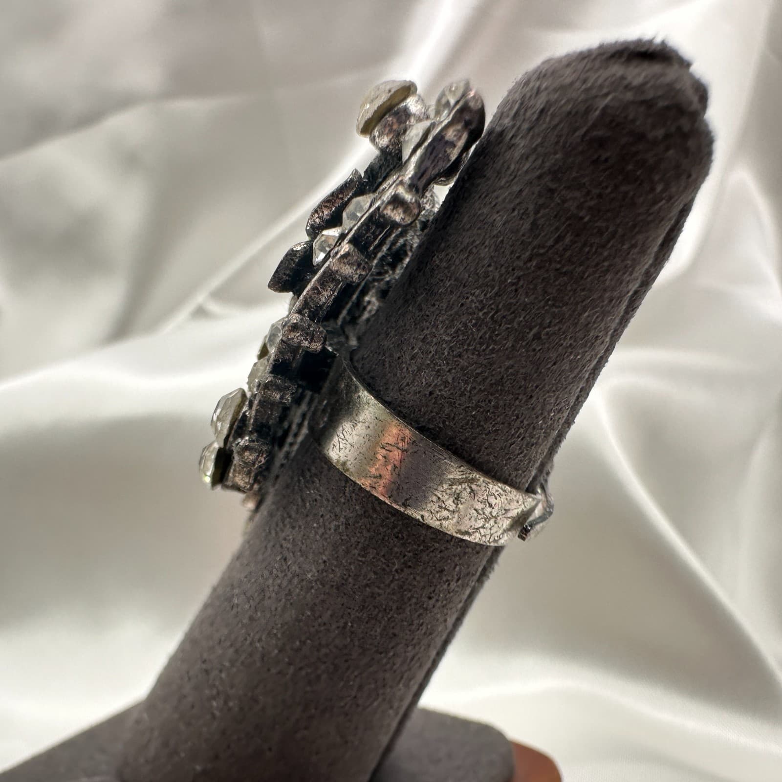 Vintage Y2K Silver Tone Yellow Enamel Butterfly Floral Statement Ring Rhinestone - Thumbnail 4