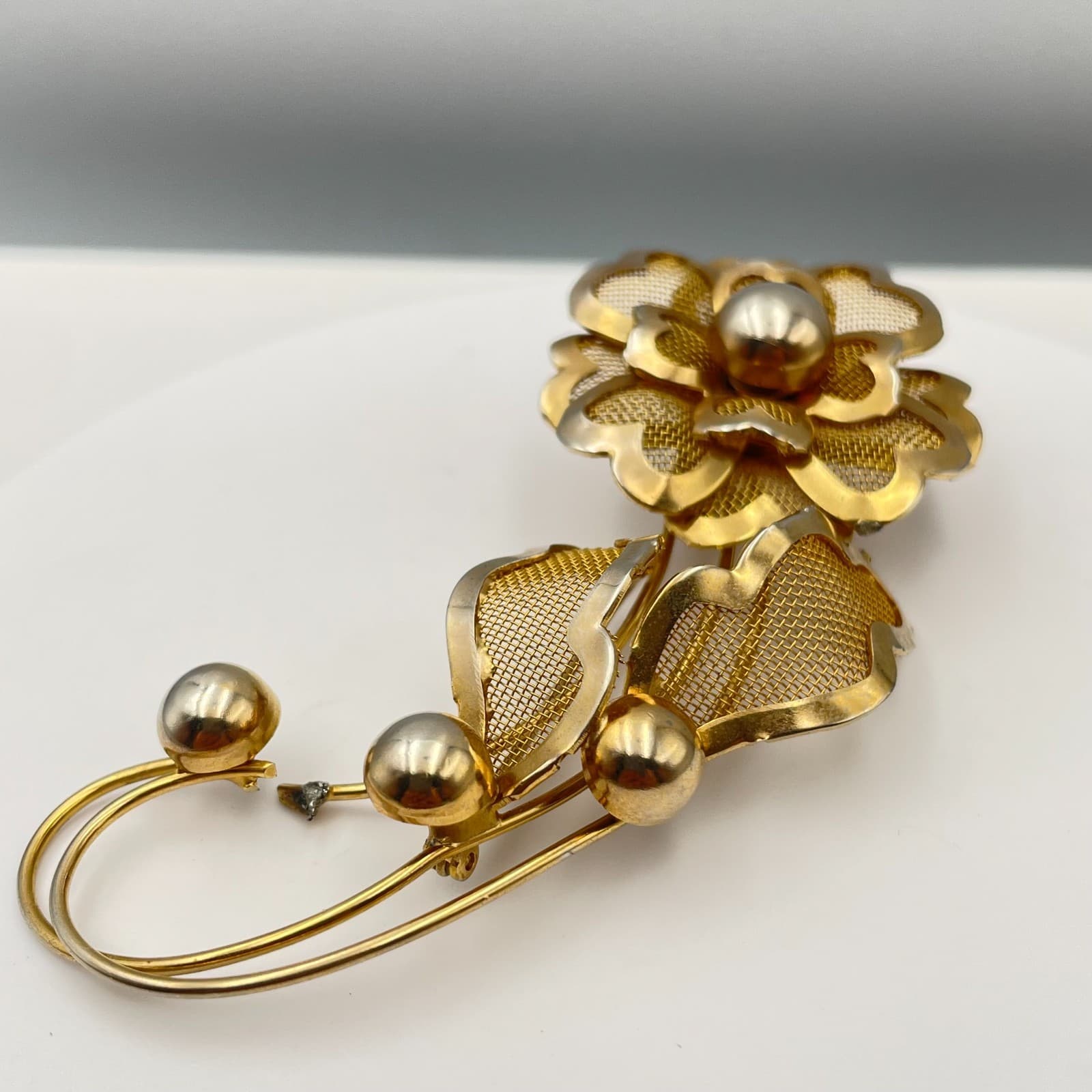 Vintage 80s Mesh Floral Brooch Pin Retro Women's Classic Fashion Jewelry - Thumbnail 2