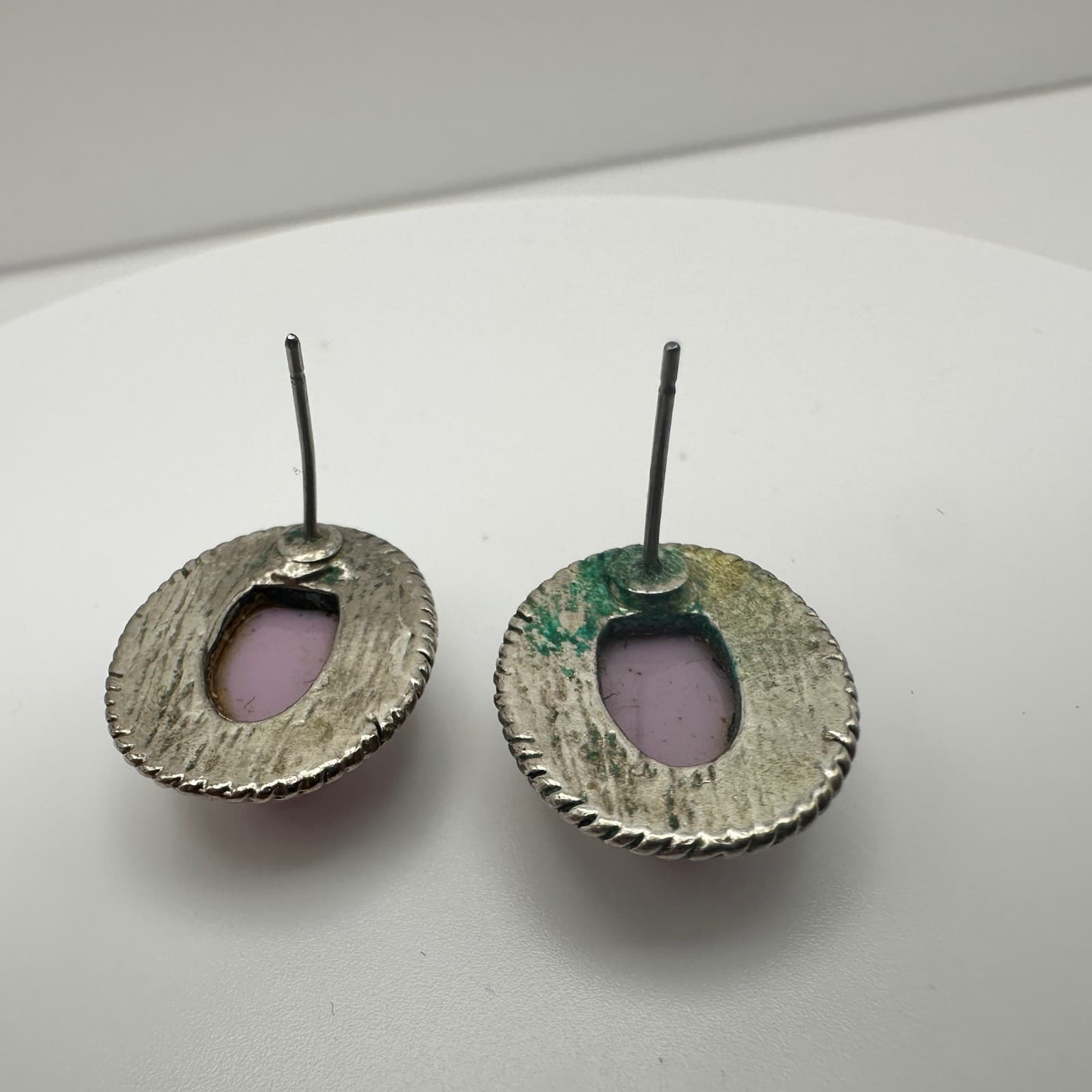 Vintage Silver Tone Pink Cabochon Gemstone Earrings Rope Edge Women's Jewellery - Thumbnail 6