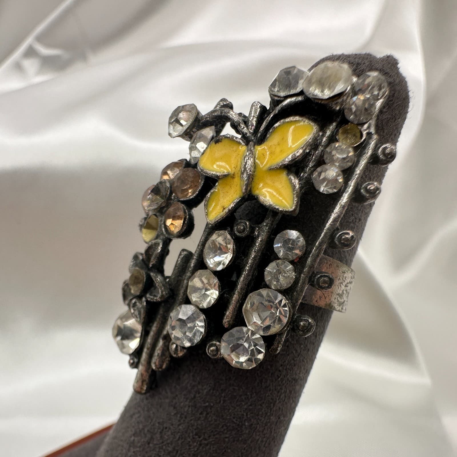 Vintage Y2K Silver Tone Yellow Enamel Butterfly Floral Statement Ring Rhinestone - Thumbnail 3