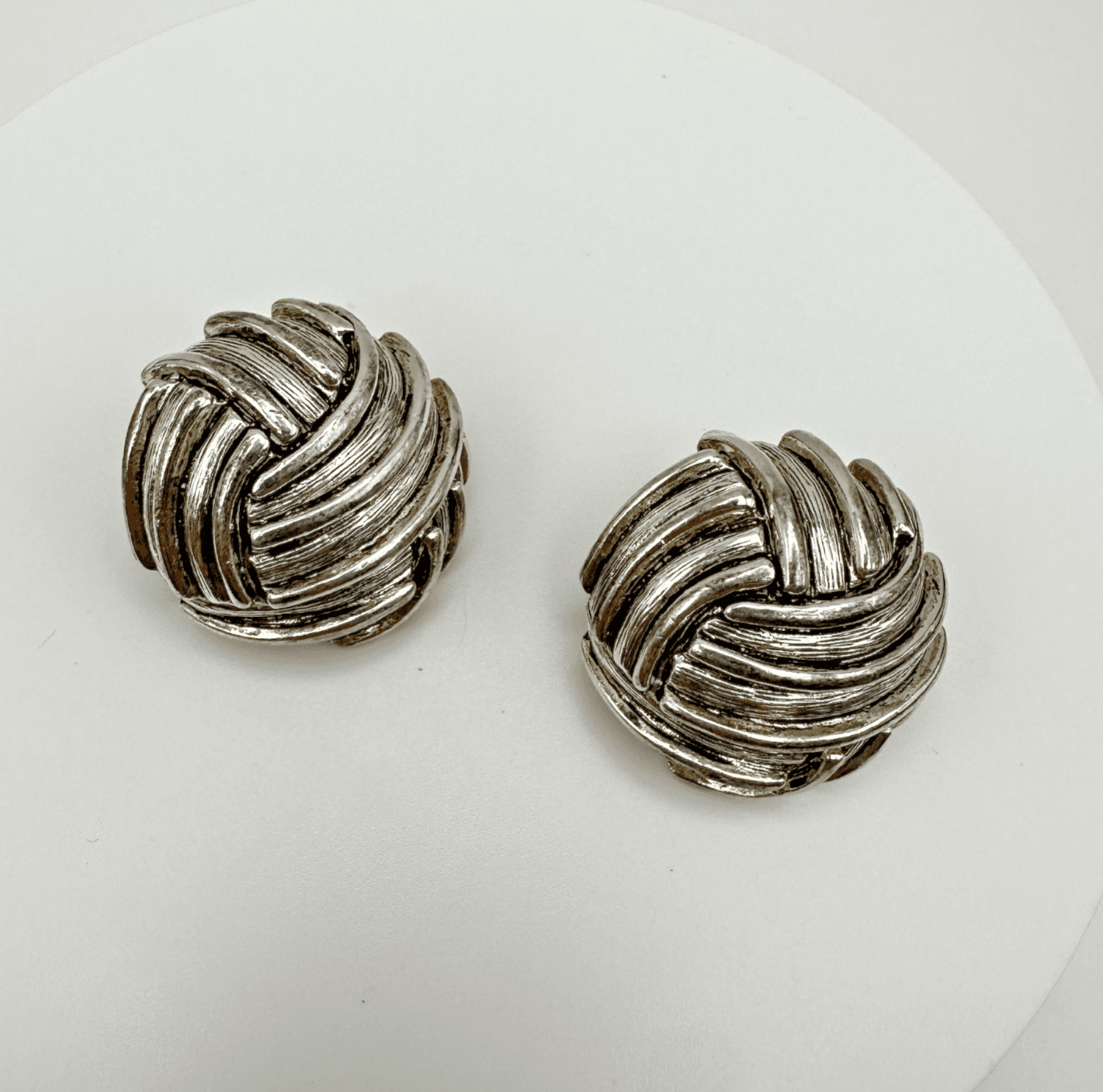 Vintage 90s Silver-Tone OSCAR Clip-On Earrings Basket Woven Knot Button Jewelry - Image 1