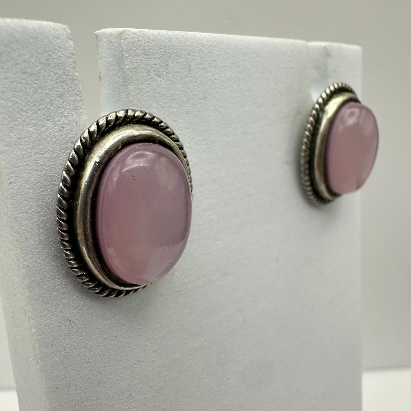 Vintage Silver Tone Pink Cabochon Gemstone Earrings Rope Edge Women's Jewellery - Thumbnail 2