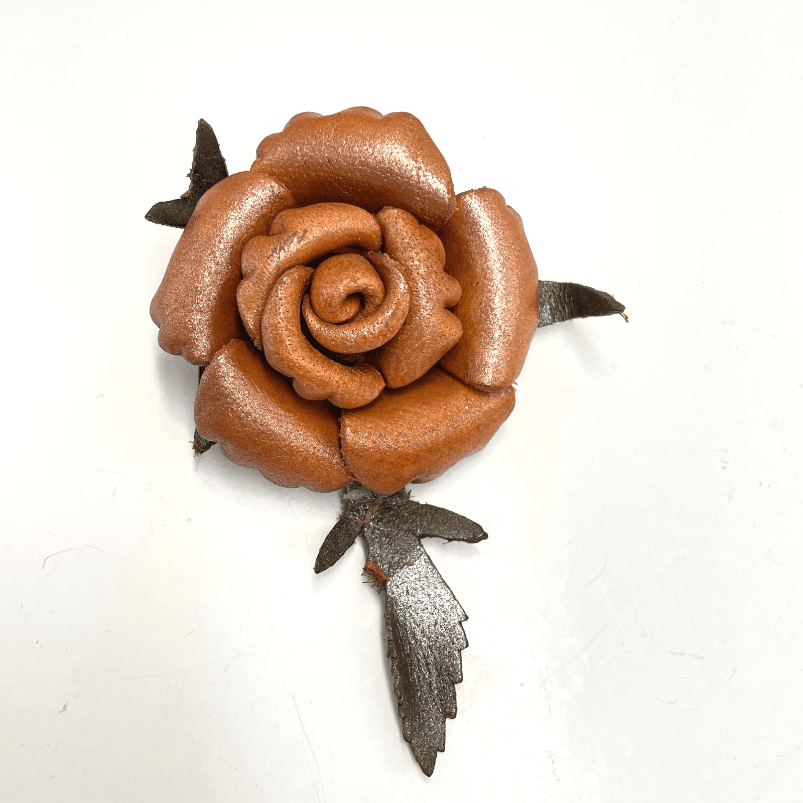 Vintage 80s Leather Rose Brooch Pin Brown Floral Leaf Classic Fashion Jewelry - Image 1