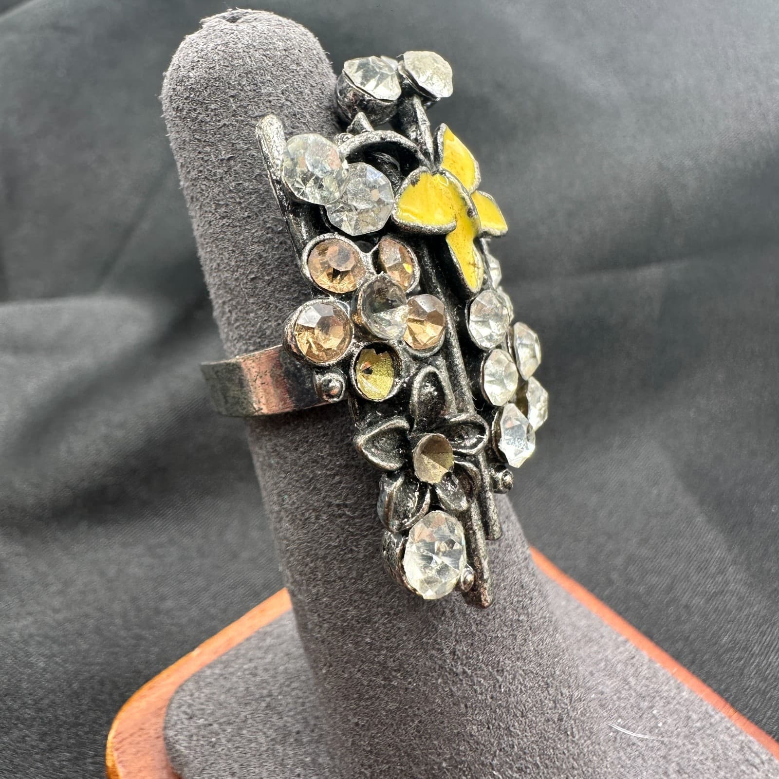 Vintage Y2K Silver Tone Yellow Enamel Butterfly Floral Statement Ring Rhinestone - Thumbnail 7