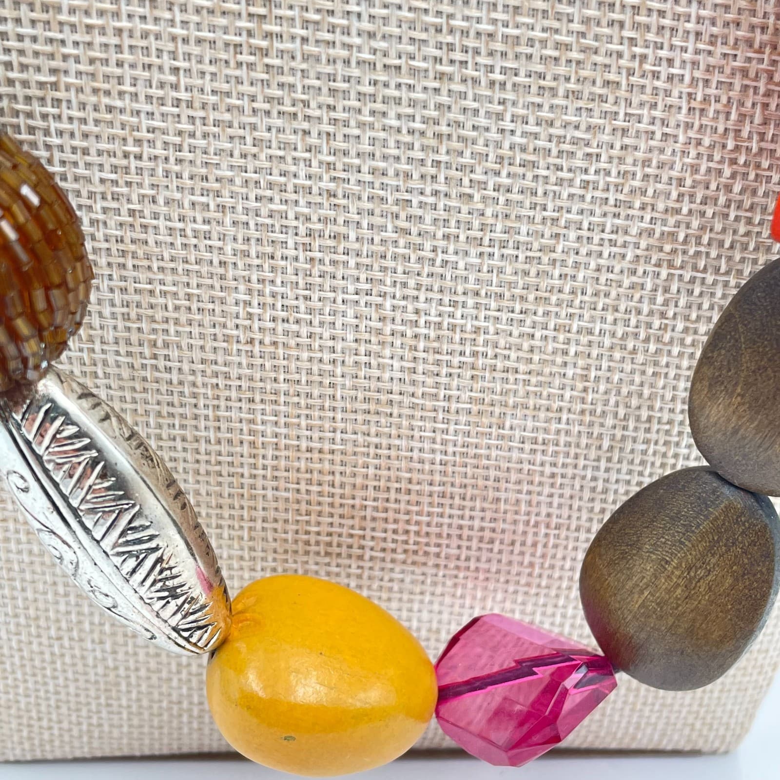 Vtg Boho Statement Necklace Chunky Multi-Color Wood Resin Glass Bead Silver Tone - Thumbnail 6