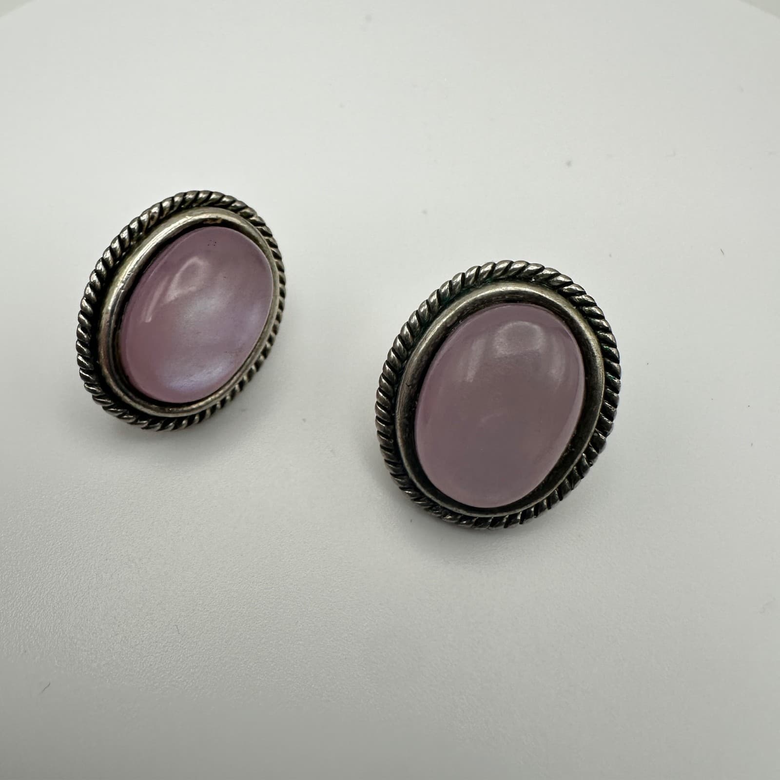 Vintage Silver Tone Pink Cabochon Gemstone Earrings Rope Edge Women's Jewellery - Thumbnail 4
