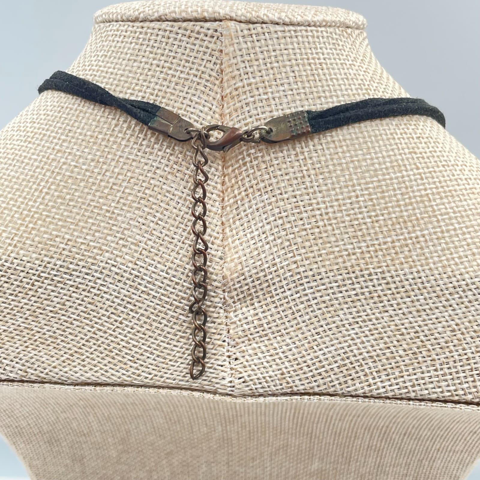 Vintage Boho Statement Necklace Mixed Metal Black Enamel Rhinestone Suede Cord - Thumbnail 9