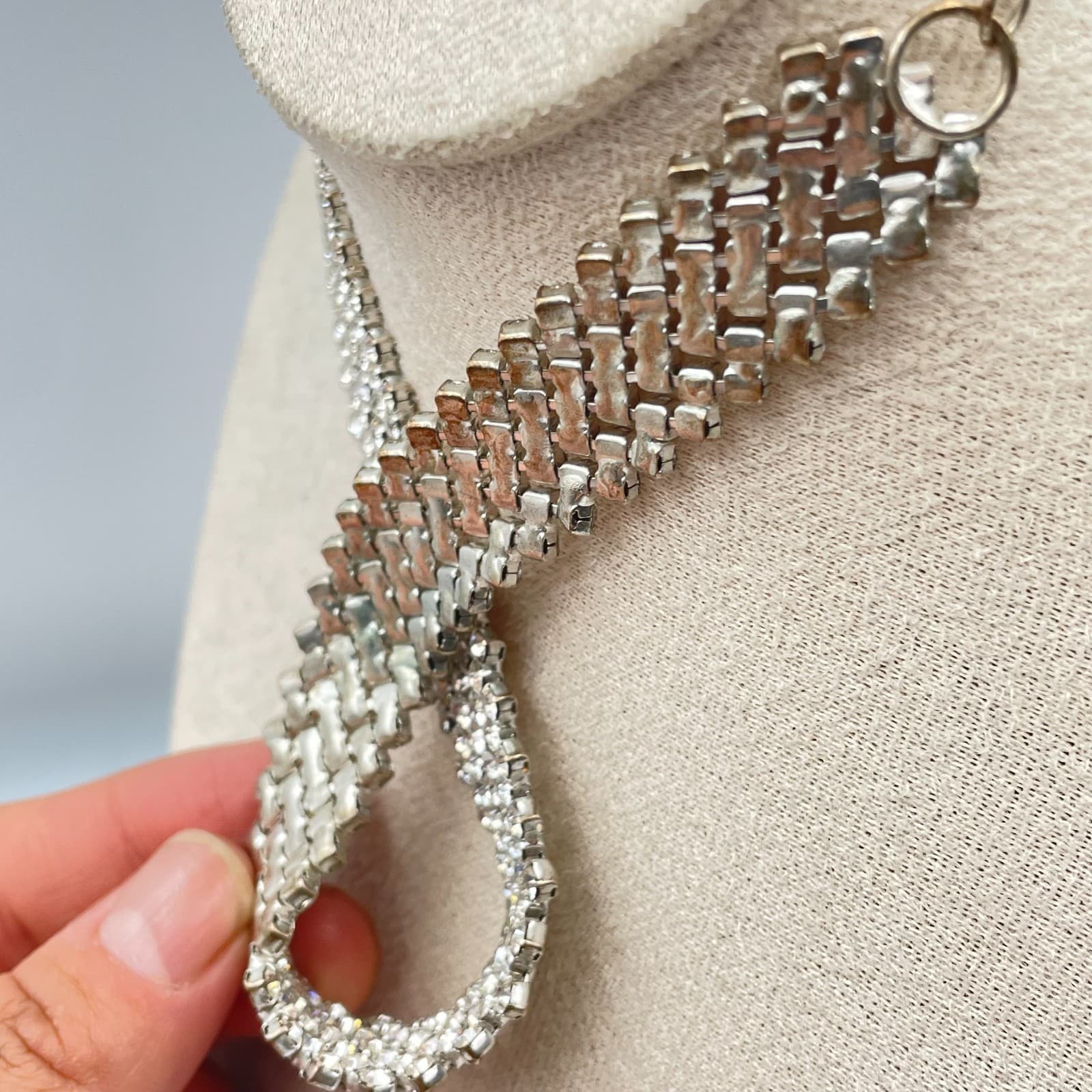 Vintage Silver Tone Multi Strand Rhinestone Choker Necklace Mid Century Wedding - Thumbnail 4