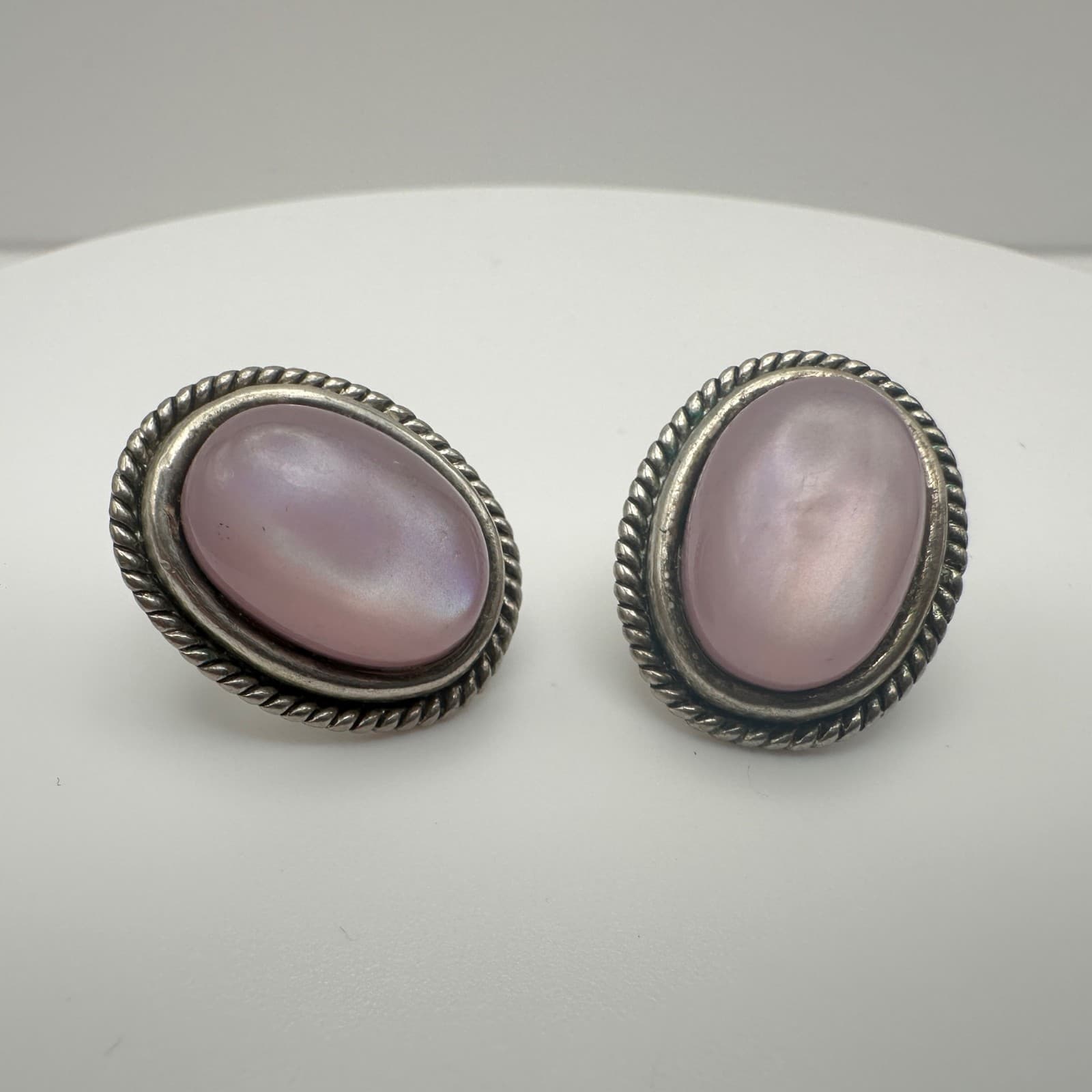 Vintage Silver Tone Pink Cabochon Gemstone Earrings Rope Edge Women's Jewellery - Thumbnail 5