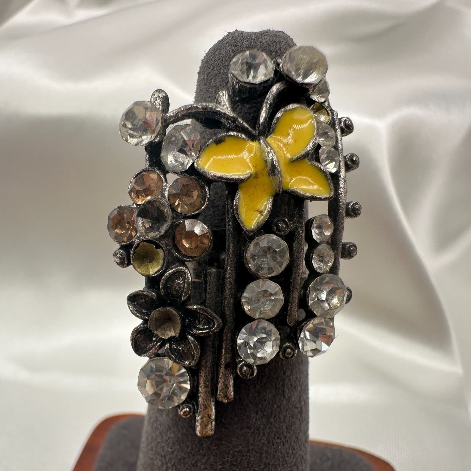 Vintage Y2K Silver Tone Yellow Enamel Butterfly Floral Statement Ring Rhinestone - Thumbnail 5