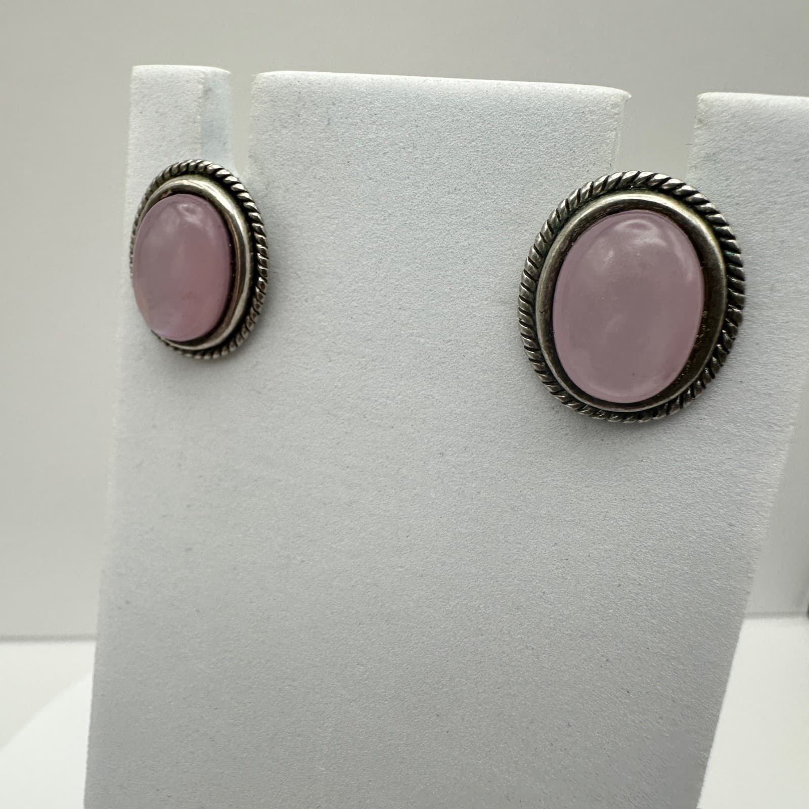 Vintage Silver Tone Pink Cabochon Gemstone Earrings Rope Edge Women's Jewellery - Thumbnail 3