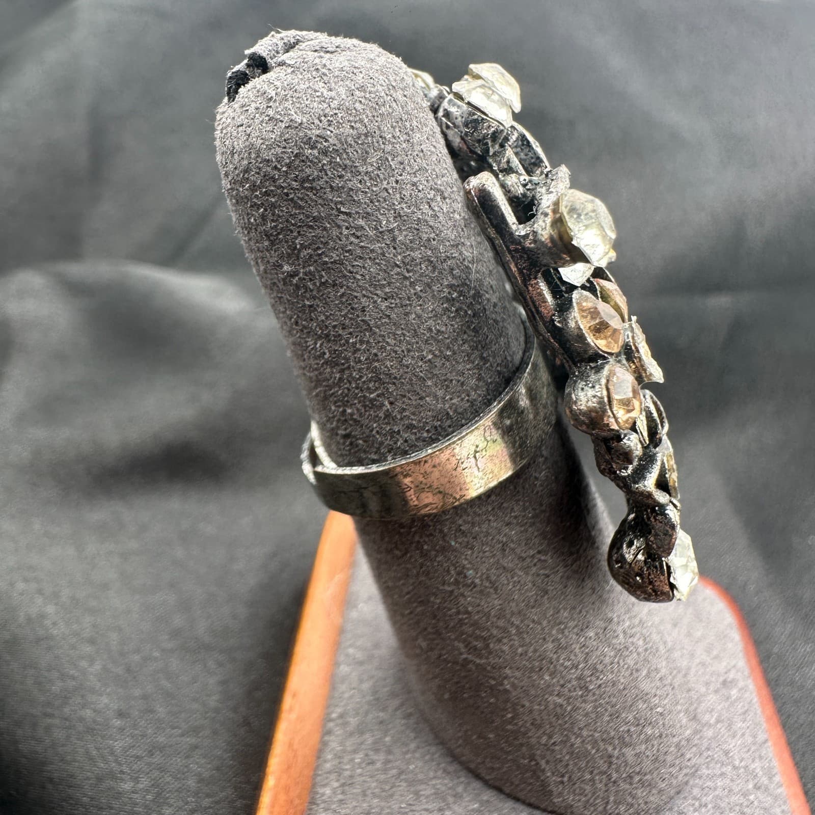 Vintage Y2K Silver Tone Yellow Enamel Butterfly Floral Statement Ring Rhinestone - Thumbnail 8