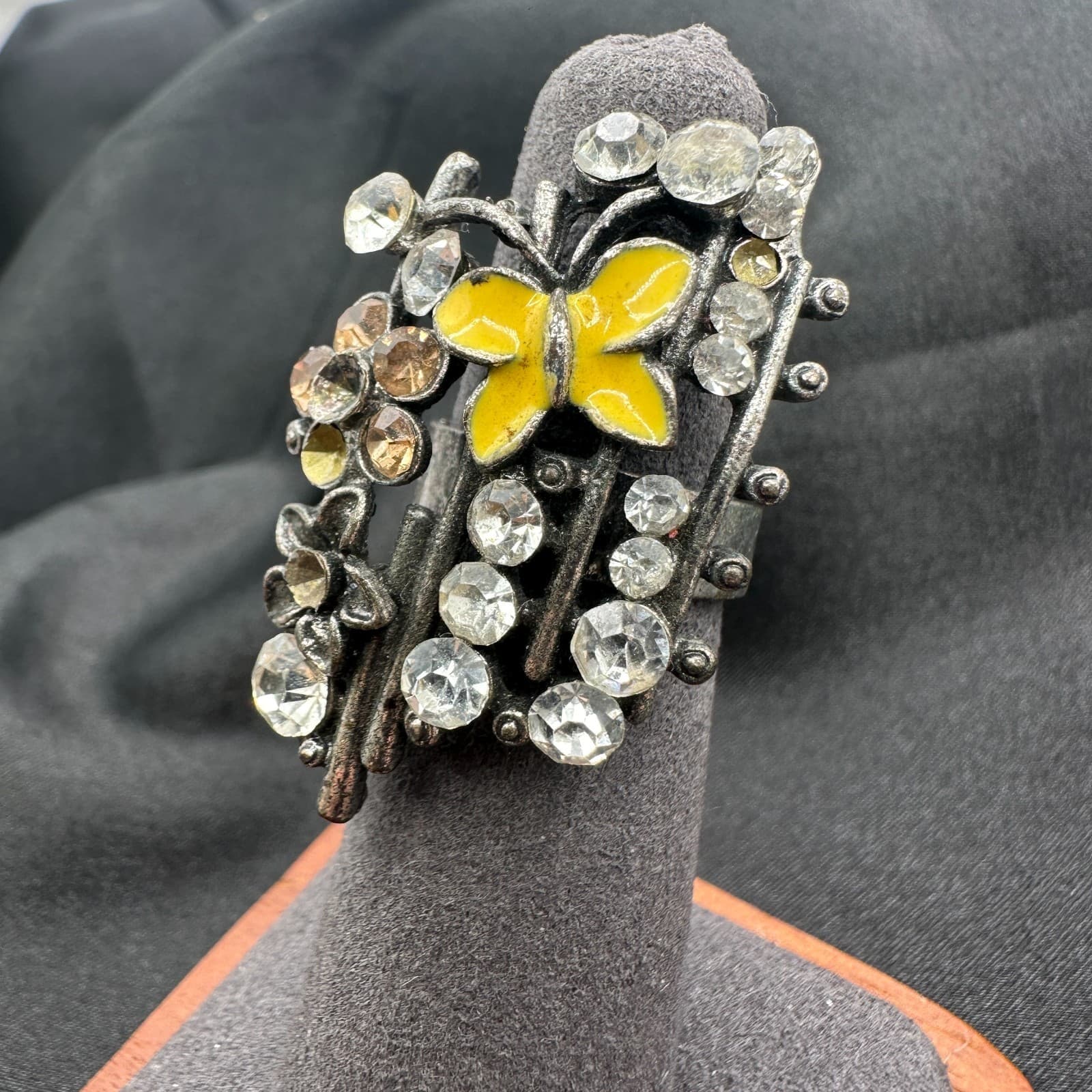 Vintage Y2K Silver Tone Yellow Enamel Butterfly Floral Statement Ring Rhinestone - Thumbnail 6