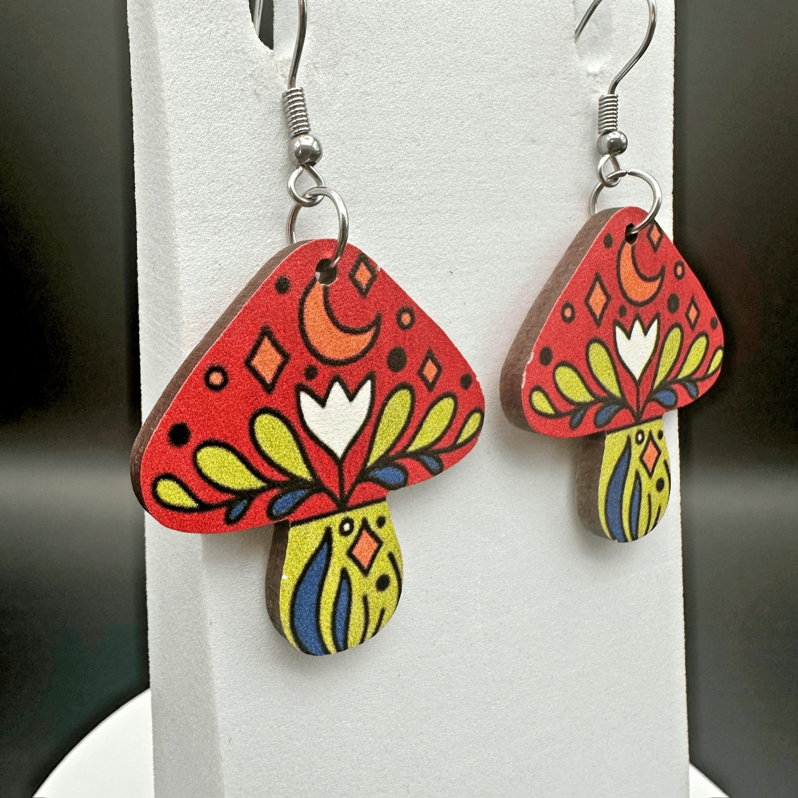 VTG Colorful Wood Funky Mushroom Dangle Hippie Hook Earrings Women's Jewelry - Thumbnail 2