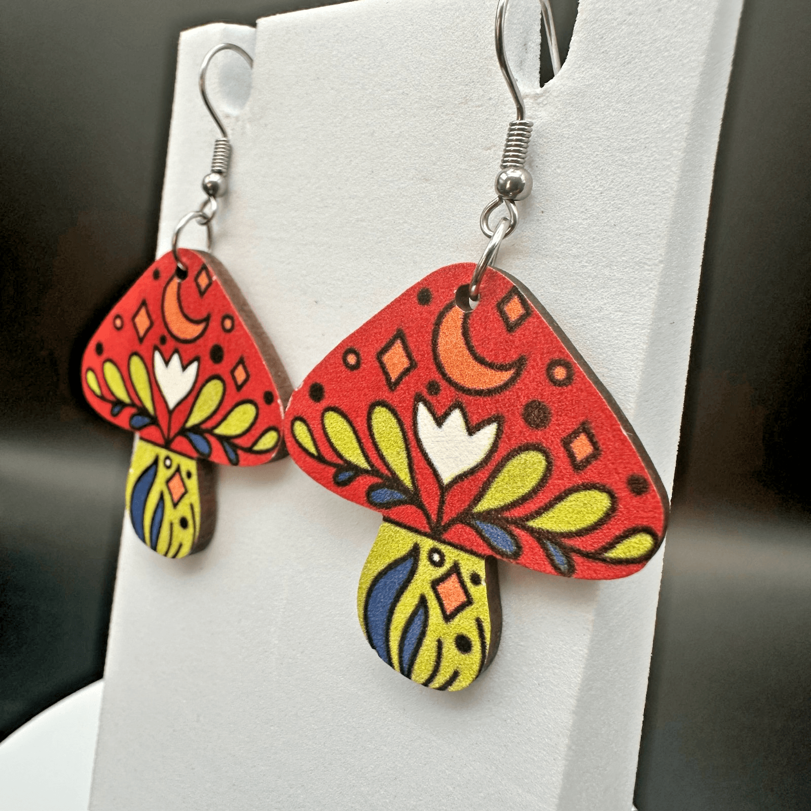 VTG Colorful Wood Funky Mushroom Dangle Hippie Hook Earrings Women's Jewelry - Thumbnail 3