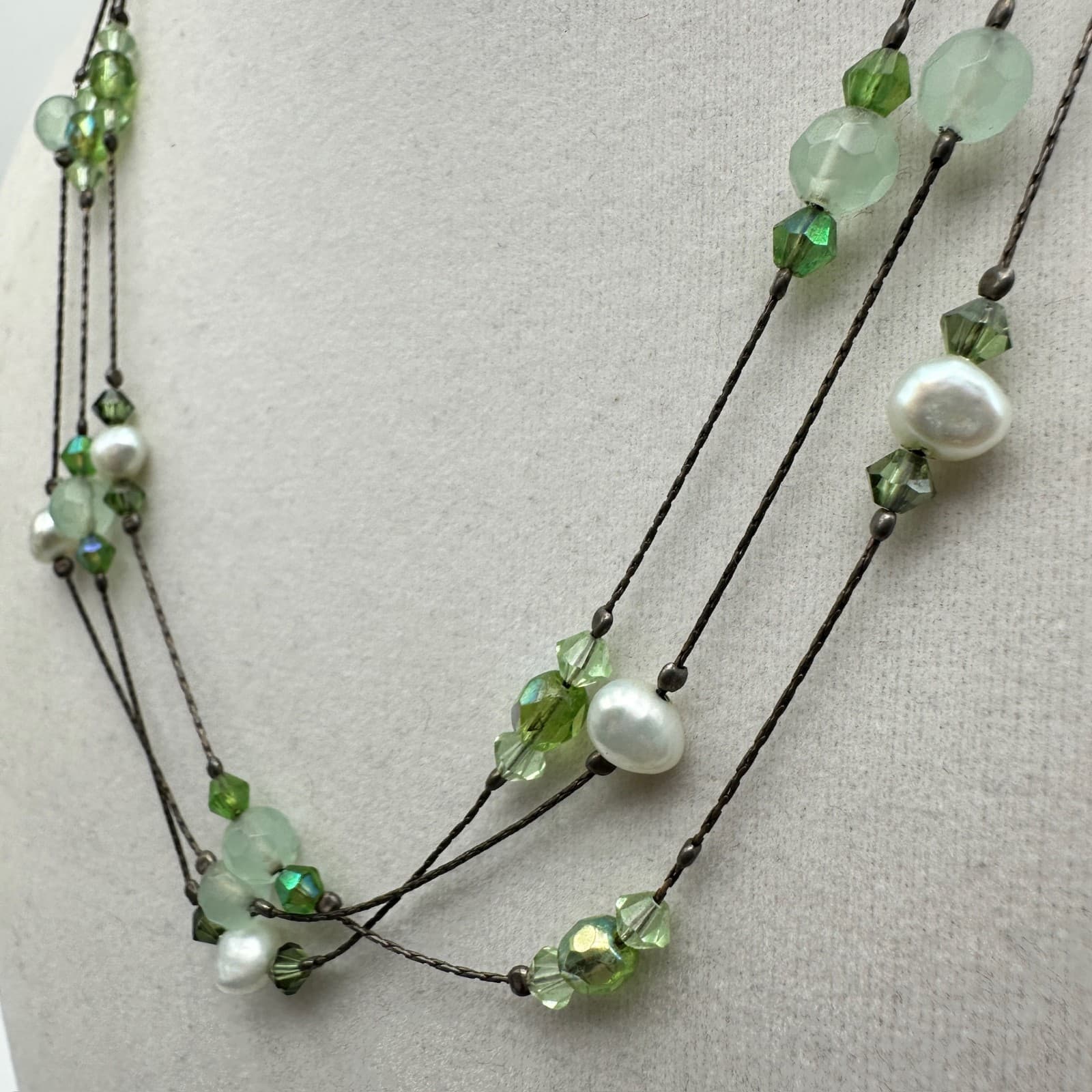 Vintage Y2K Multi-Strand Green Glass Pearl Necklace Women's Jewellery 9" - Thumbnail 3