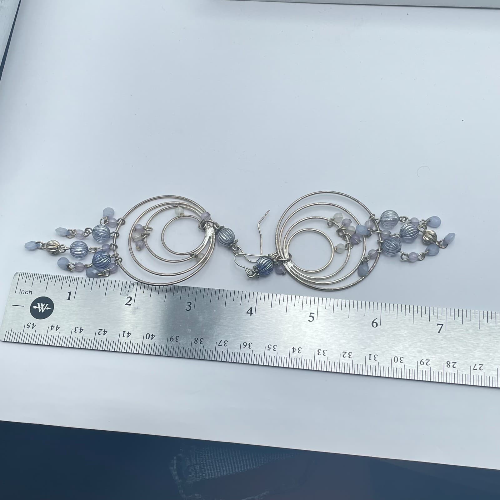 Vintage 90s Silver Tone Beaded Hoop Dangle Earrings Women's Classic Jewelry - Thumbnail 5