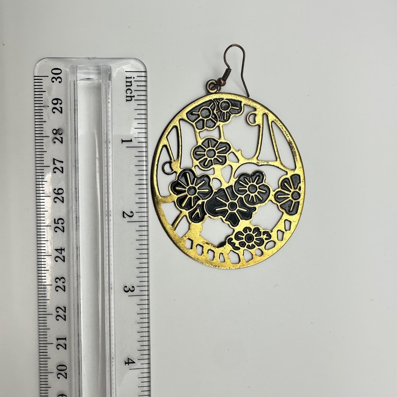 VTG Black Floral Openwork Dangle Earrings Gold Tone Women's Jewellery - Thumbnail 8