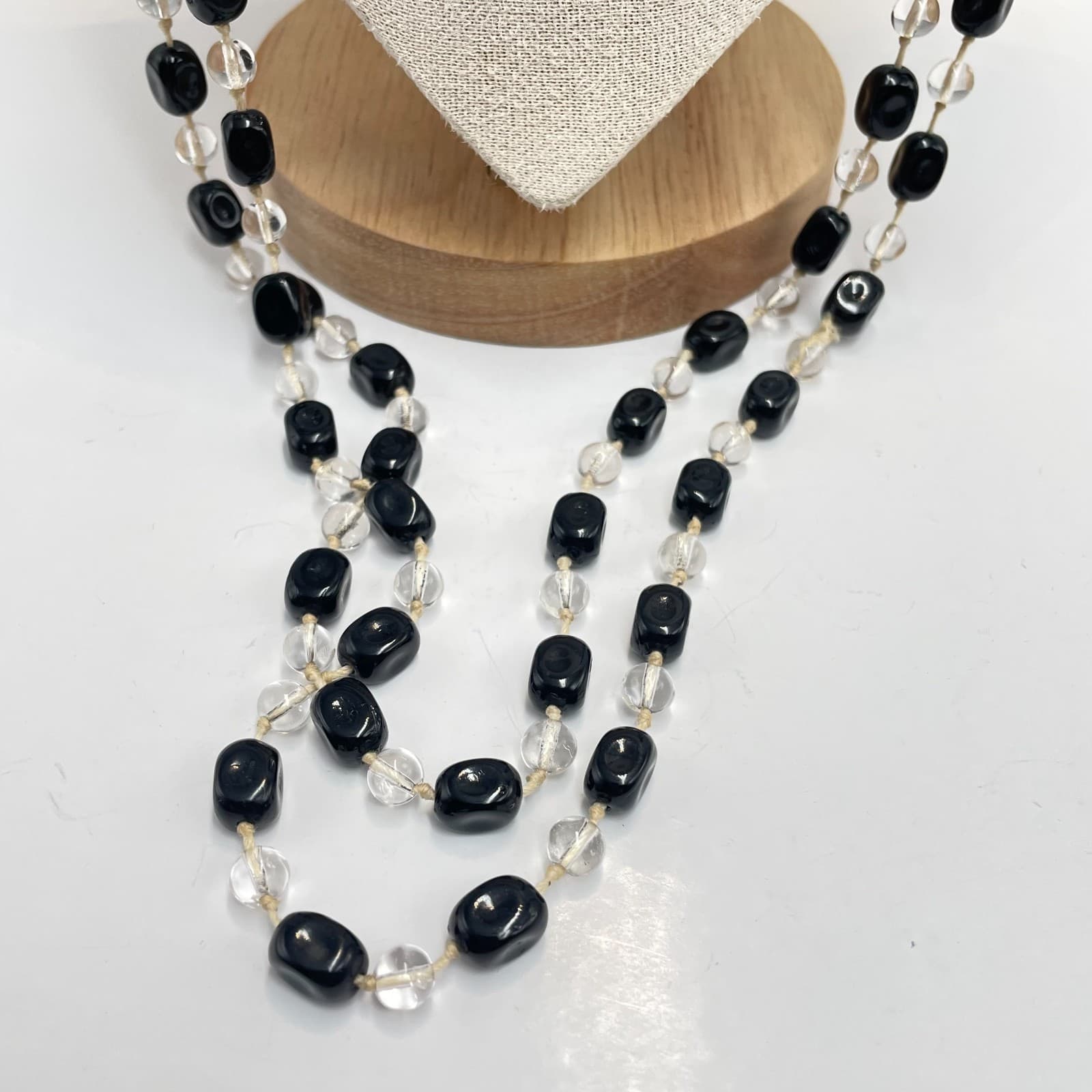 Vintage 90s Black & Clear Glass Bead Flapper Necklace Boho Layering Jewelry - Thumbnail 3