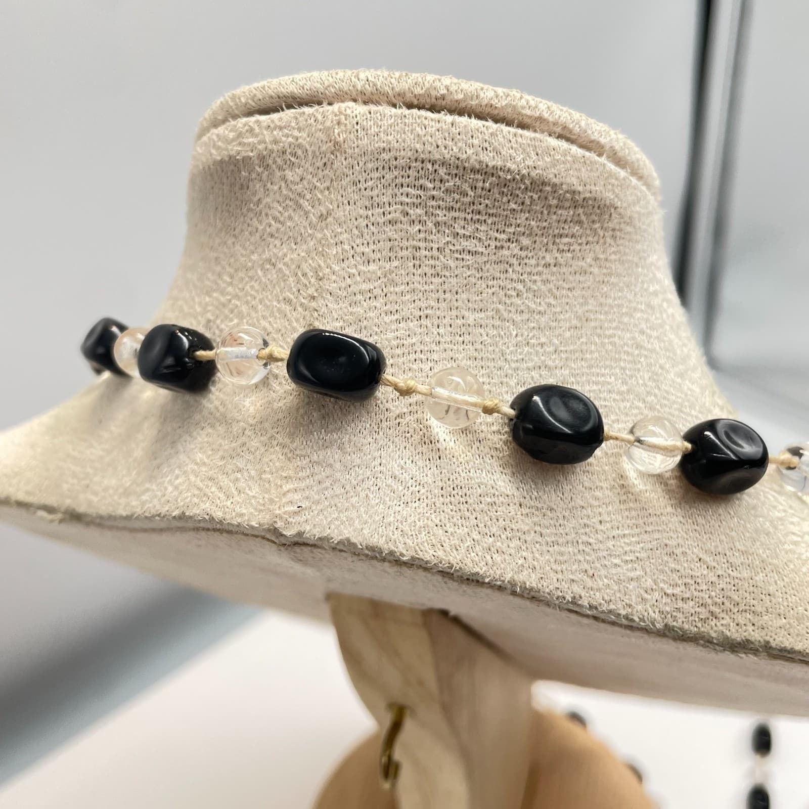 Vintage 90s Black & Clear Glass Bead Flapper Necklace Boho Layering Jewelry - Thumbnail 5