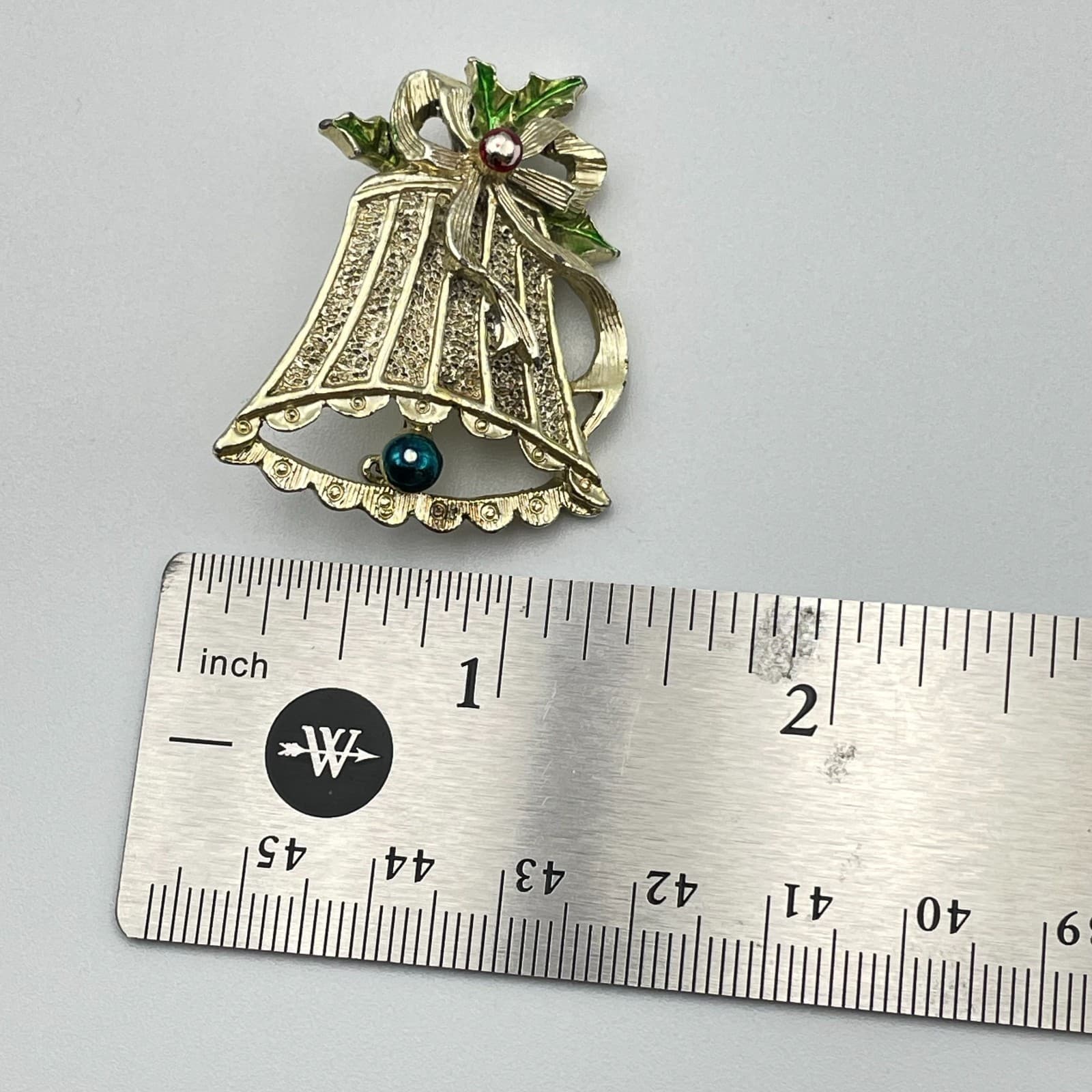 Vintage 80s Gerrys Christmas Bell Brooch GoldTone Enamel Holly Beads Pin Jewelry - Thumbnail 6