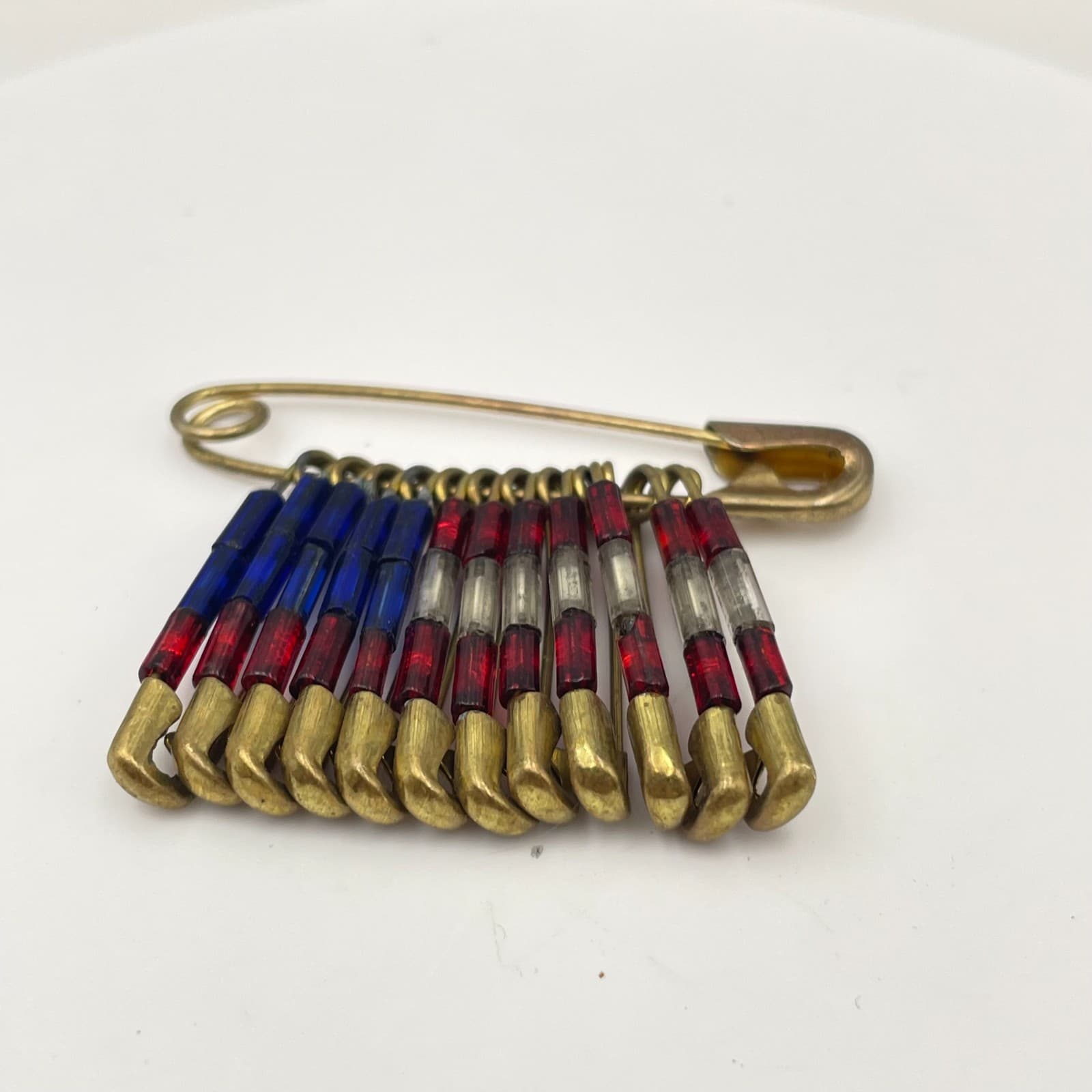 Vintage 90s Gold Tone USA Flag Safety Pin Brooch Glass Bead Patriotic Jewelry - Thumbnail 2