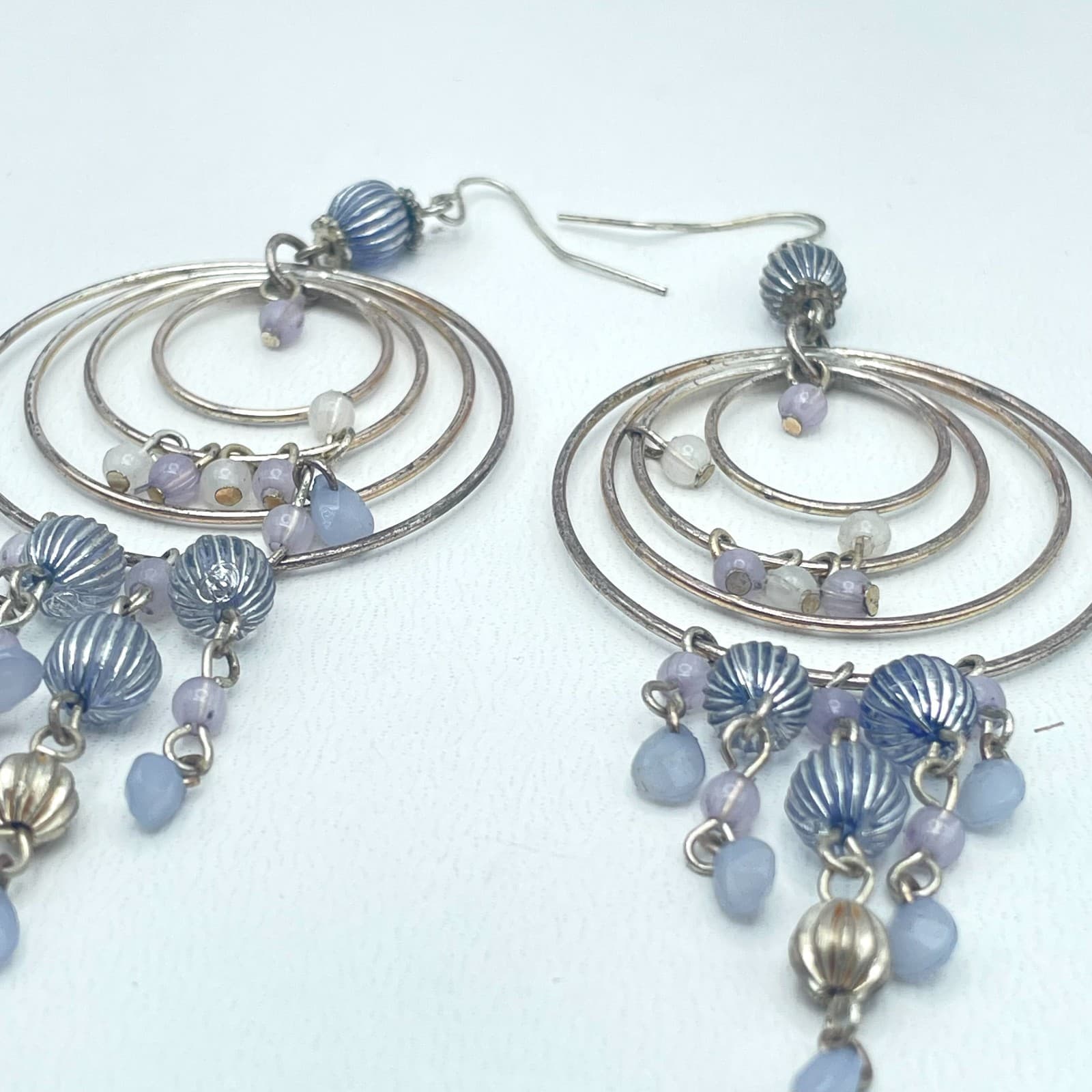 Vintage 90s Silver Tone Beaded Hoop Dangle Earrings Women's Classic Jewelry - Thumbnail 2