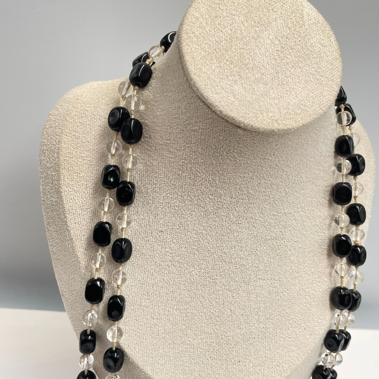 Vintage 90s Black & Clear Glass Bead Flapper Necklace Boho Layering Jewelry - Thumbnail 2