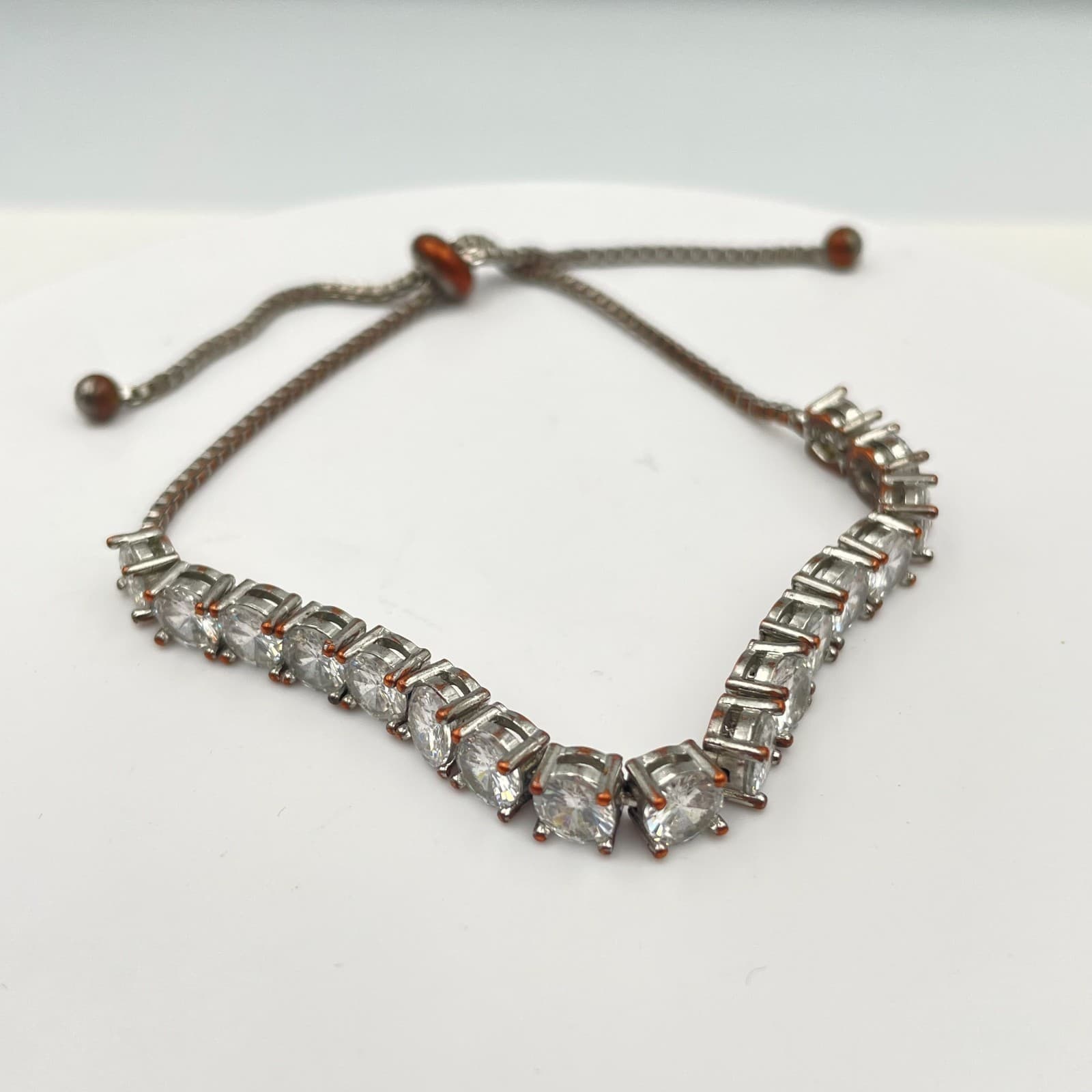 Vintage 90s Clear Rhinestone Tennis Bracelet Silver Tone Bolo Slider Chain - Image 1