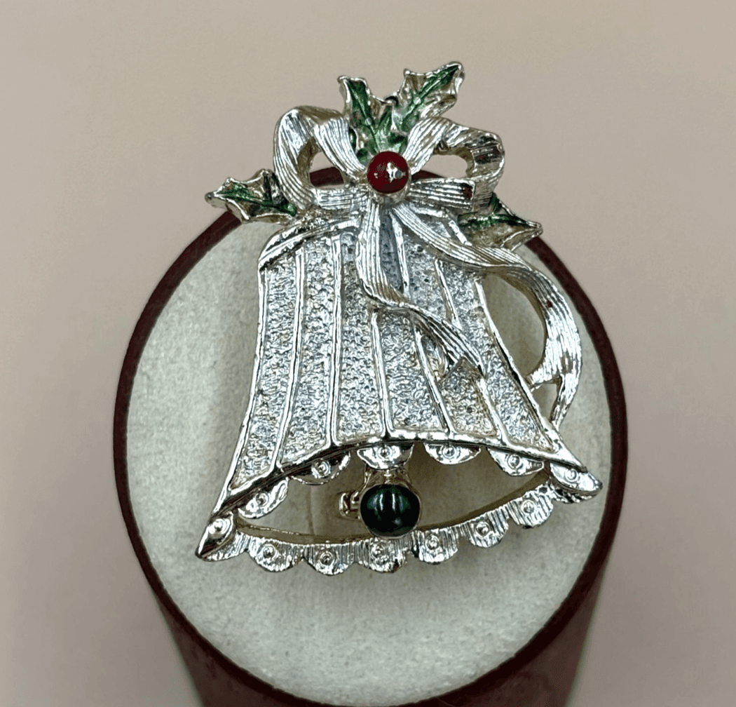 Vintage Gerry's Silver-Tone Enamel Tied Bow Bell Christmas Holiday Brooch Pin - Image 1