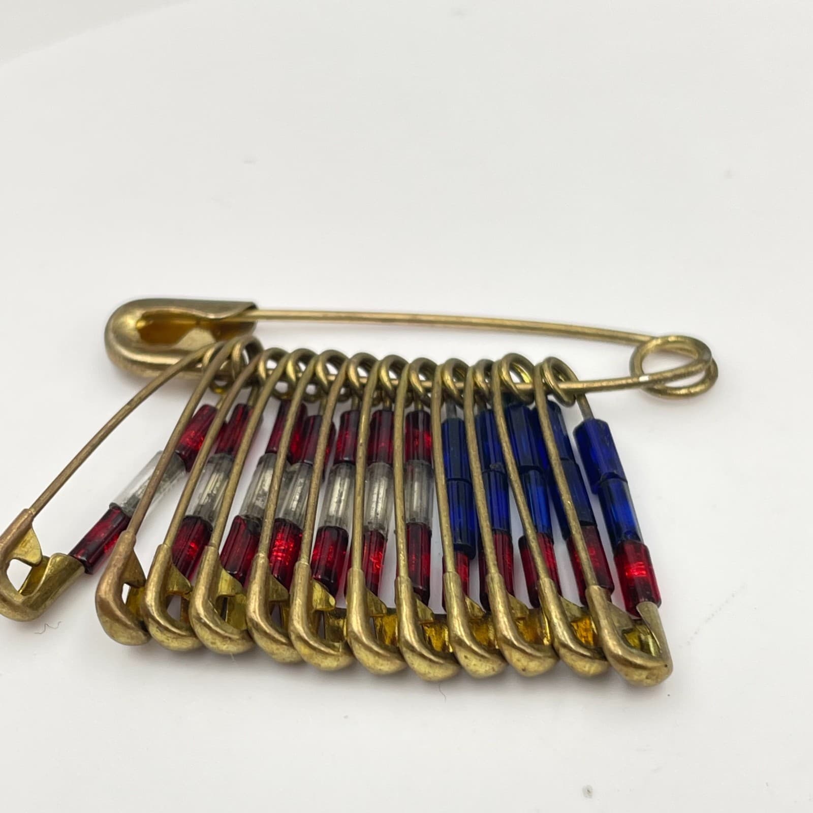 Vintage 90s Gold Tone USA Flag Safety Pin Brooch Glass Bead Patriotic Jewelry - Thumbnail 6
