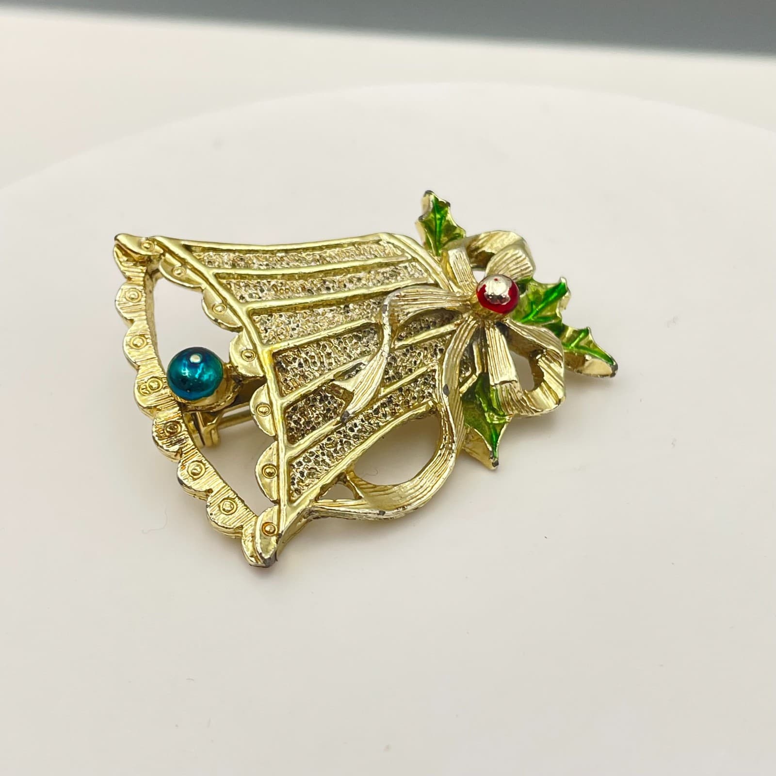 Vintage 80s Gerrys Christmas Bell Brooch GoldTone Enamel Holly Beads Pin Jewelry - Thumbnail 2