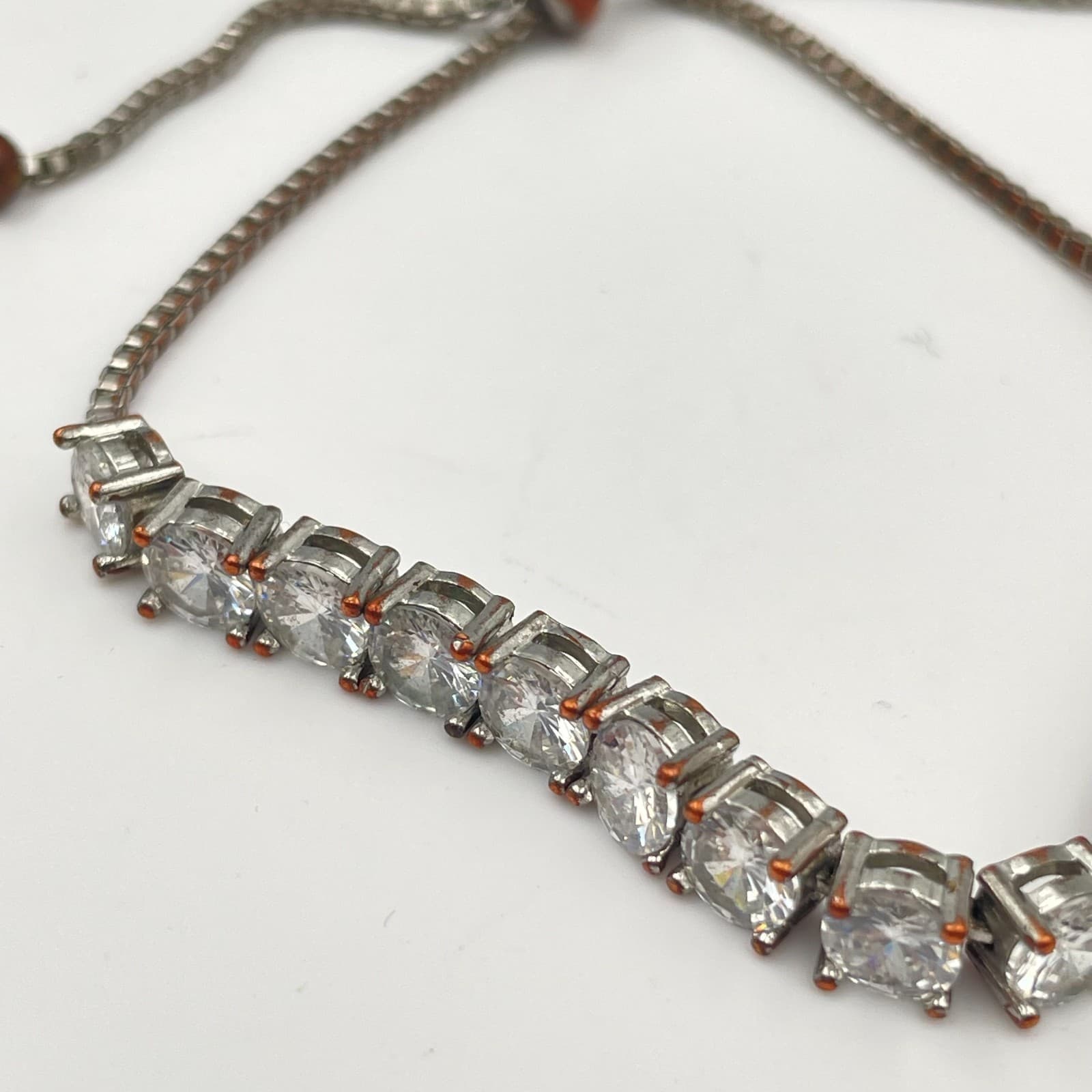 Vintage 90s Clear Rhinestone Tennis Bracelet Silver Tone Bolo Slider Chain - Thumbnail 3