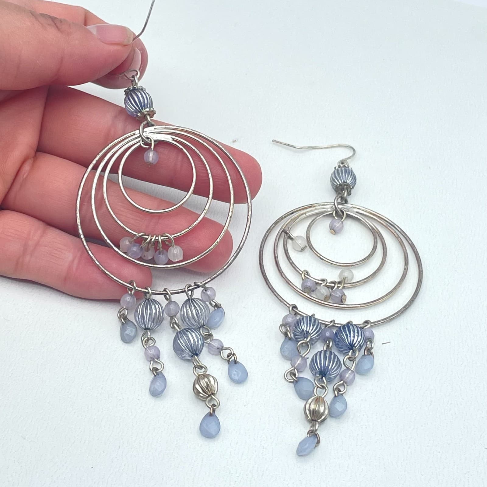 Vintage 90s Silver Tone Beaded Hoop Dangle Earrings Women's Classic Jewelry - Thumbnail 4