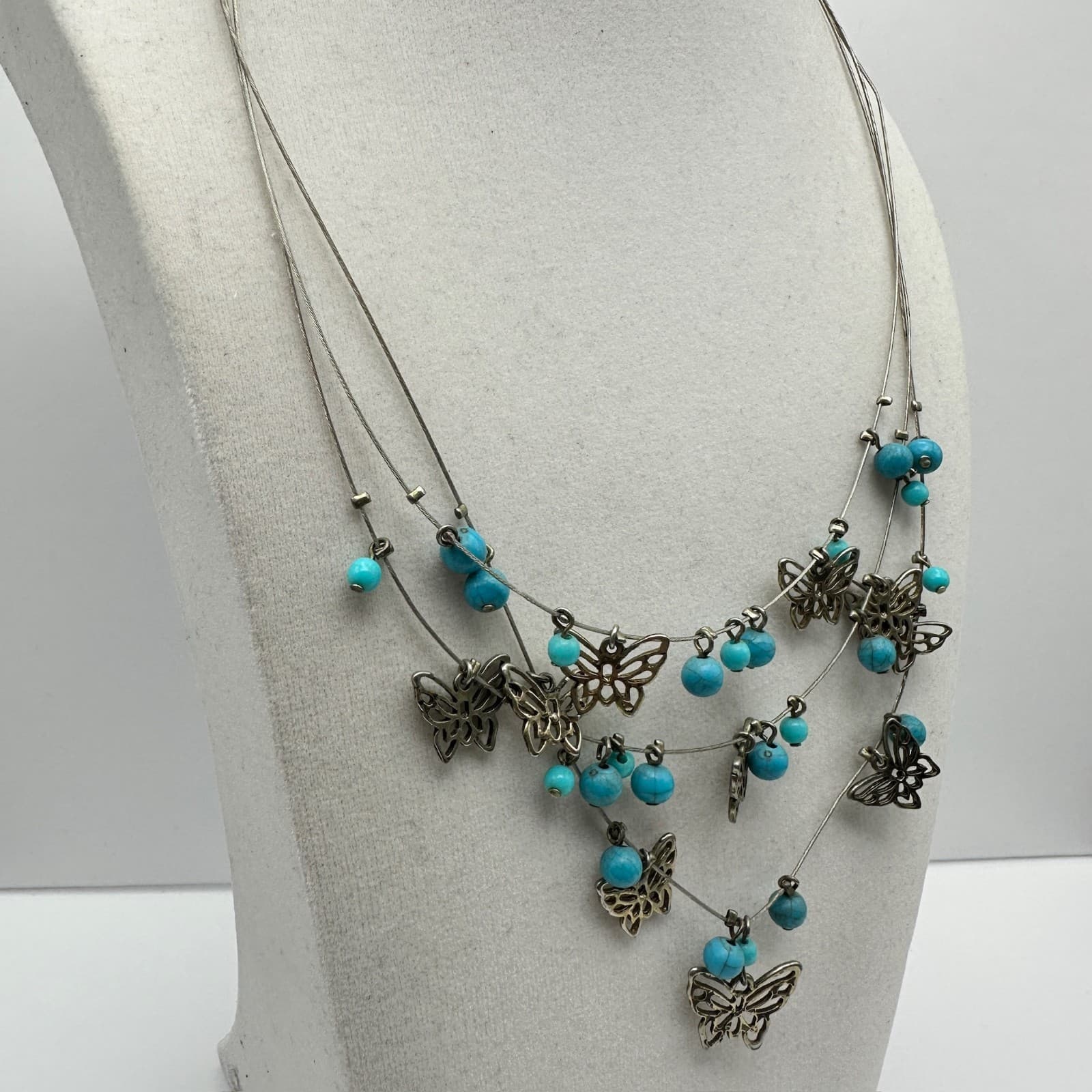 Vintage Layered Necklace Blue Stone Butterfly Silver Tone Women's Jewellery - Thumbnail 3
