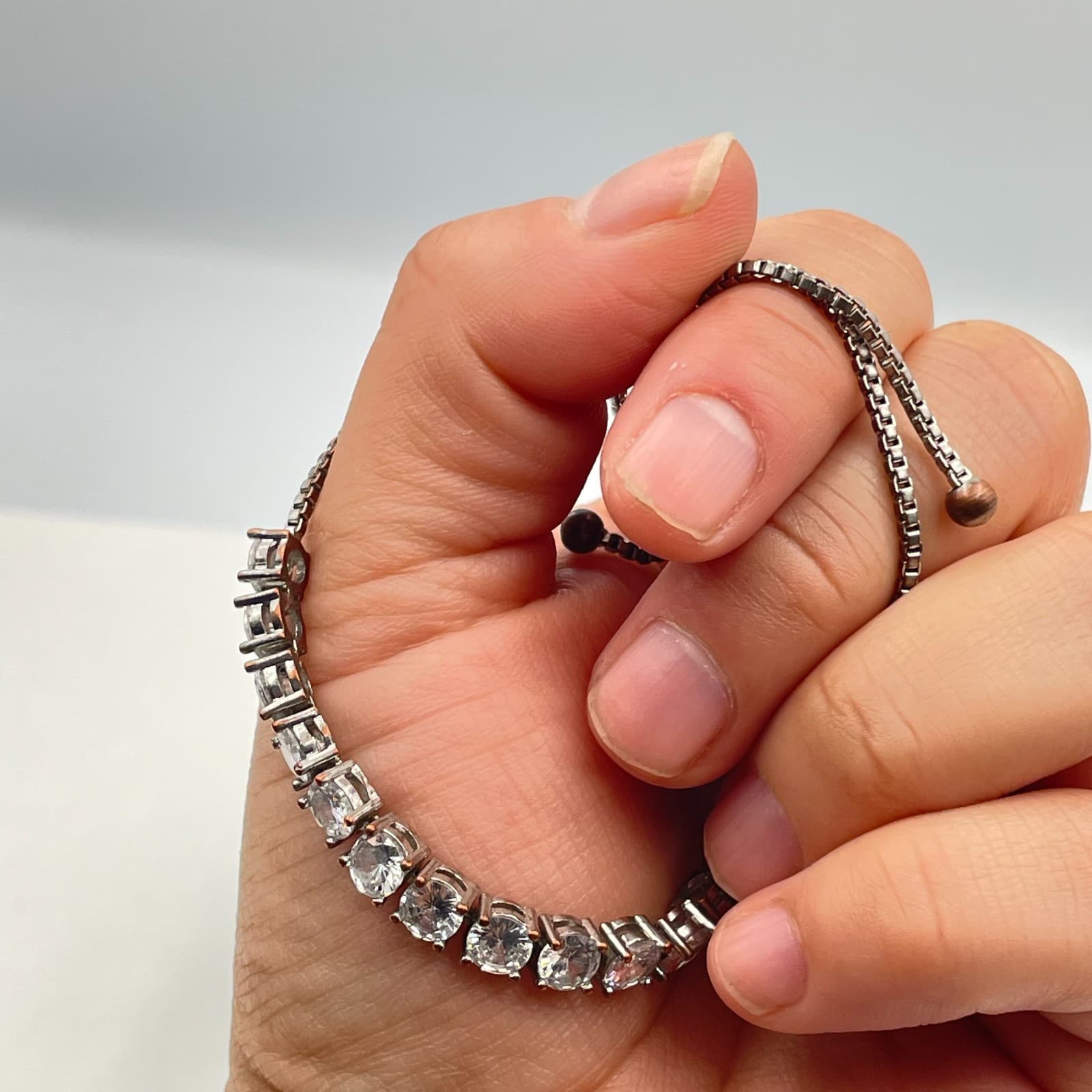 Vintage 90s Clear Rhinestone Tennis Bracelet Silver Tone Bolo Slider Chain - Thumbnail 7