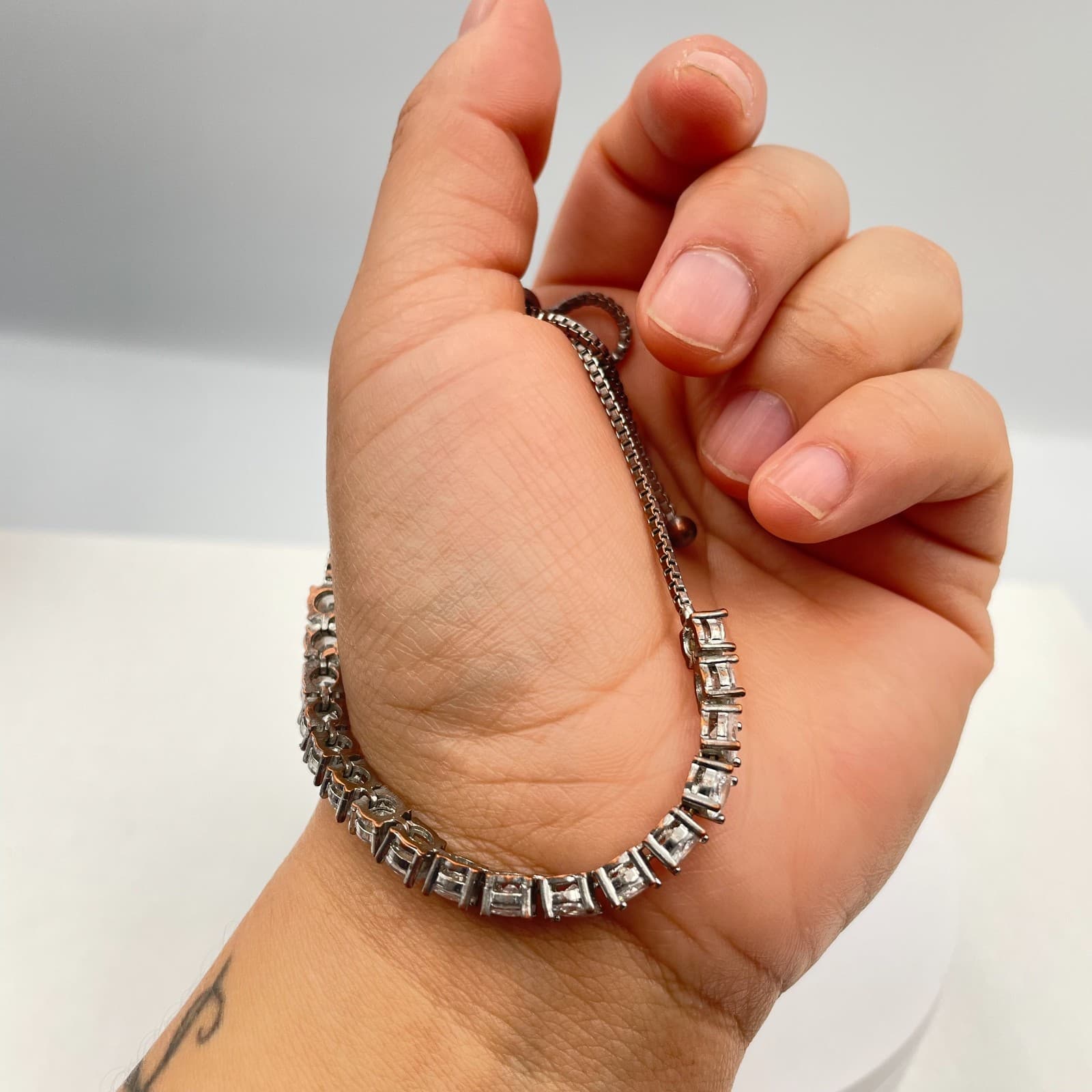 Vintage 90s Clear Rhinestone Tennis Bracelet Silver Tone Bolo Slider Chain - Thumbnail 9