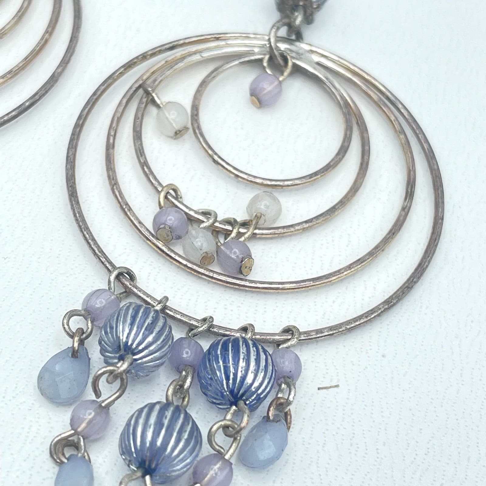 Vintage 90s Silver Tone Beaded Hoop Dangle Earrings Women's Classic Jewelry - Thumbnail 3