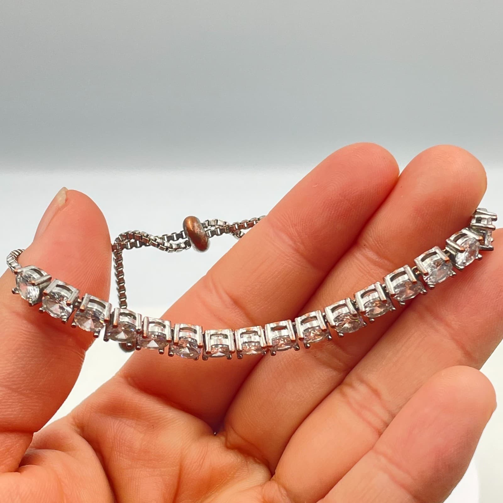 Vintage 90s Clear Rhinestone Tennis Bracelet Silver Tone Bolo Slider Chain - Thumbnail 6