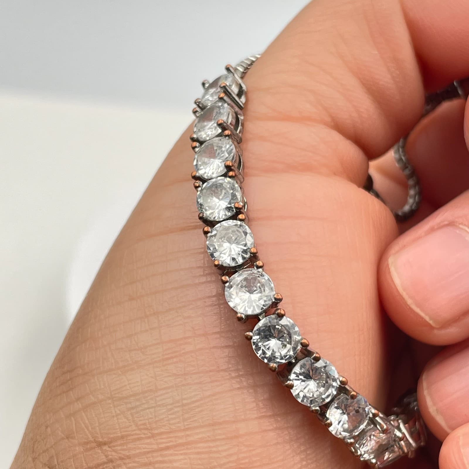 Vintage 90s Clear Rhinestone Tennis Bracelet Silver Tone Bolo Slider Chain - Thumbnail 8