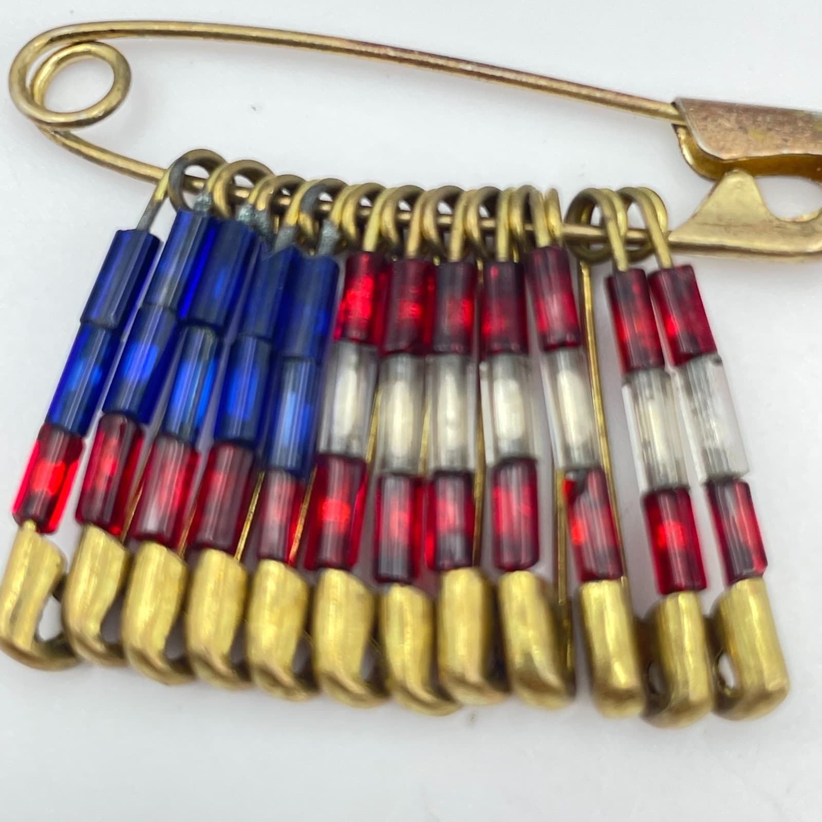 Vintage 90s Gold Tone USA Flag Safety Pin Brooch Glass Bead Patriotic Jewelry - Thumbnail 4