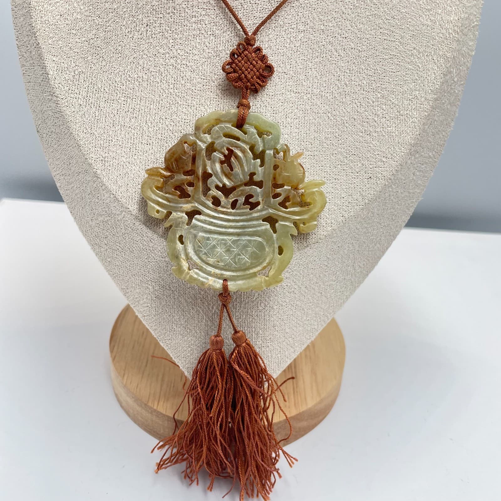 Vintage 90s Carved Celadon Pendant Necklace Tassel Brown Cord Boho Jewelry - Thumbnail 3