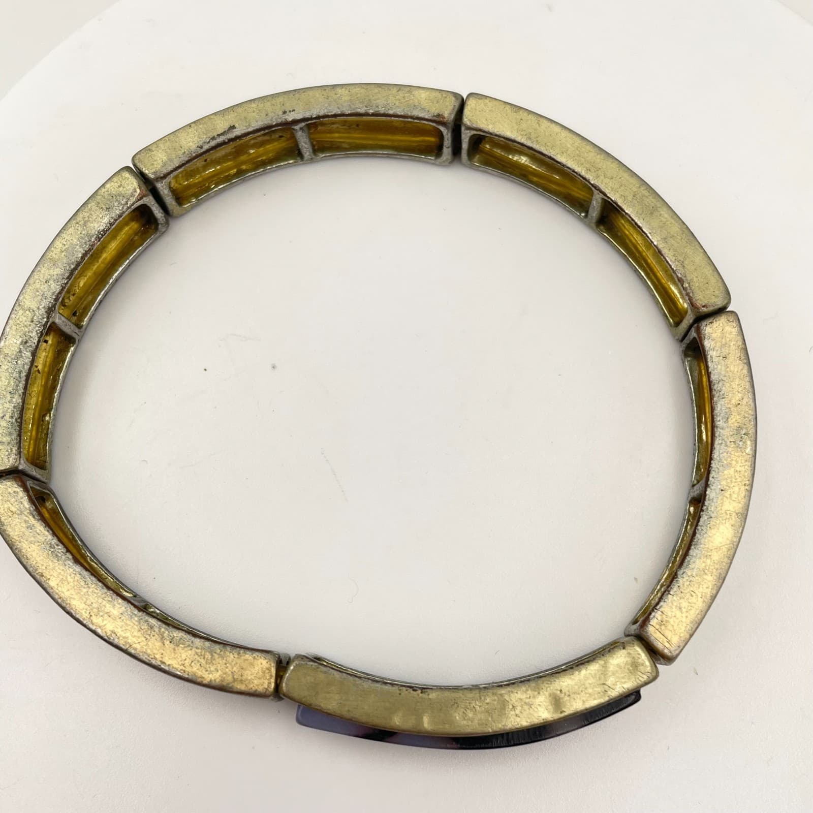 Vintage 90s GoldTone Stretch Bracelet Grey Black Marble Glass Chunky Cuff Bangle - Thumbnail 3