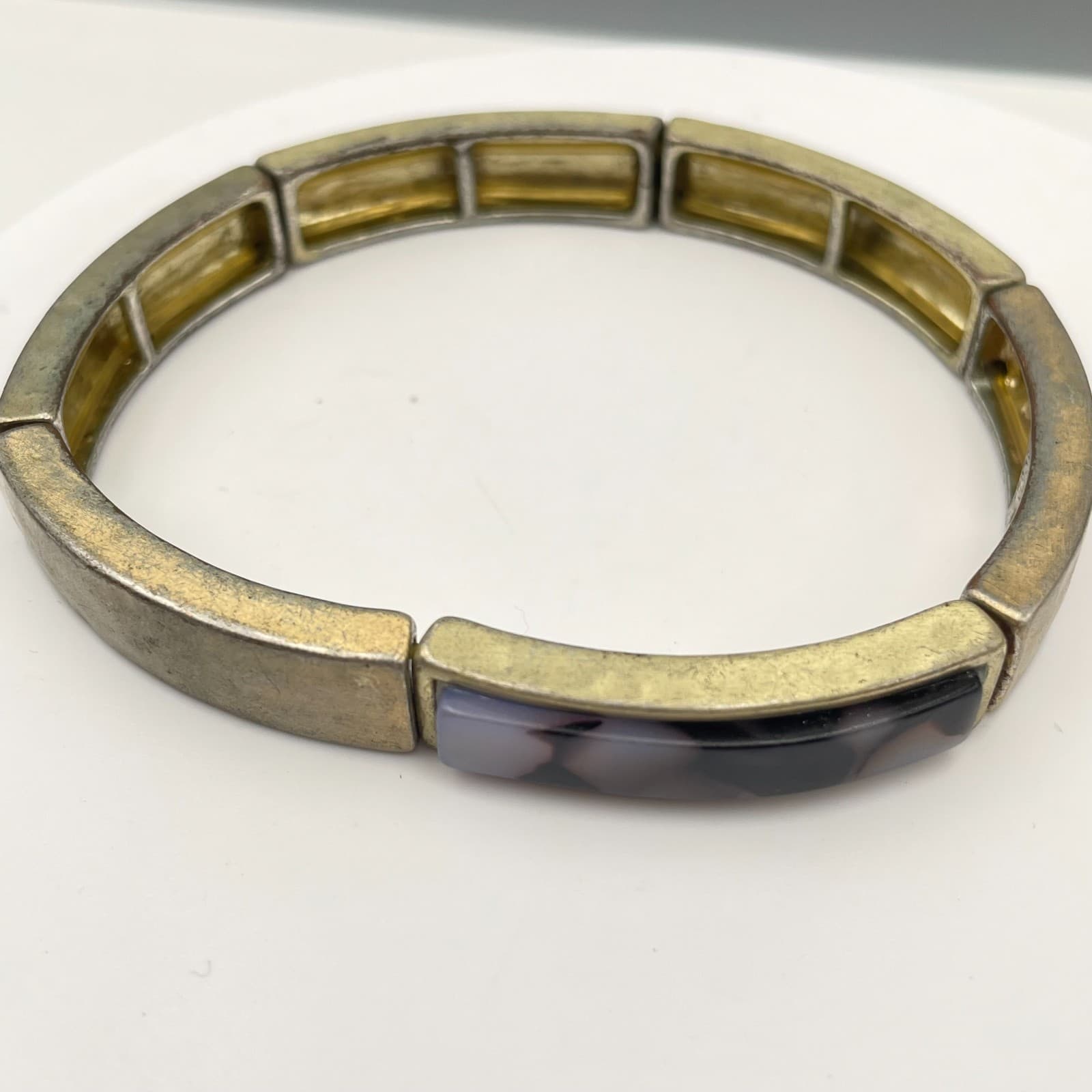 Vintage 90s GoldTone Stretch Bracelet Grey Black Marble Glass Chunky Cuff Bangle - Thumbnail 2