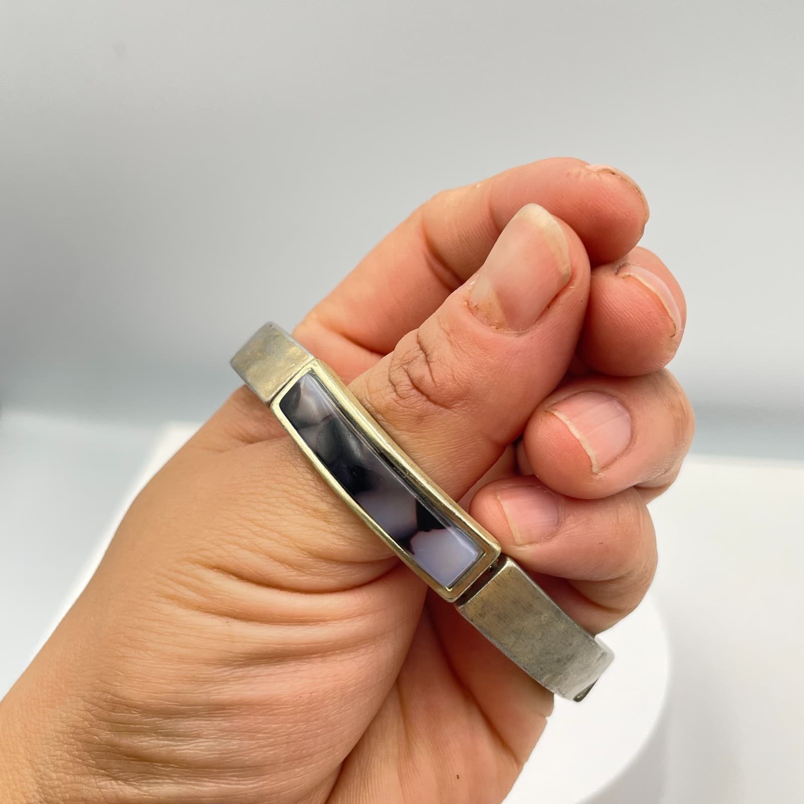 Vintage 90s GoldTone Stretch Bracelet Grey Black Marble Glass Chunky Cuff Bangle - Thumbnail 5