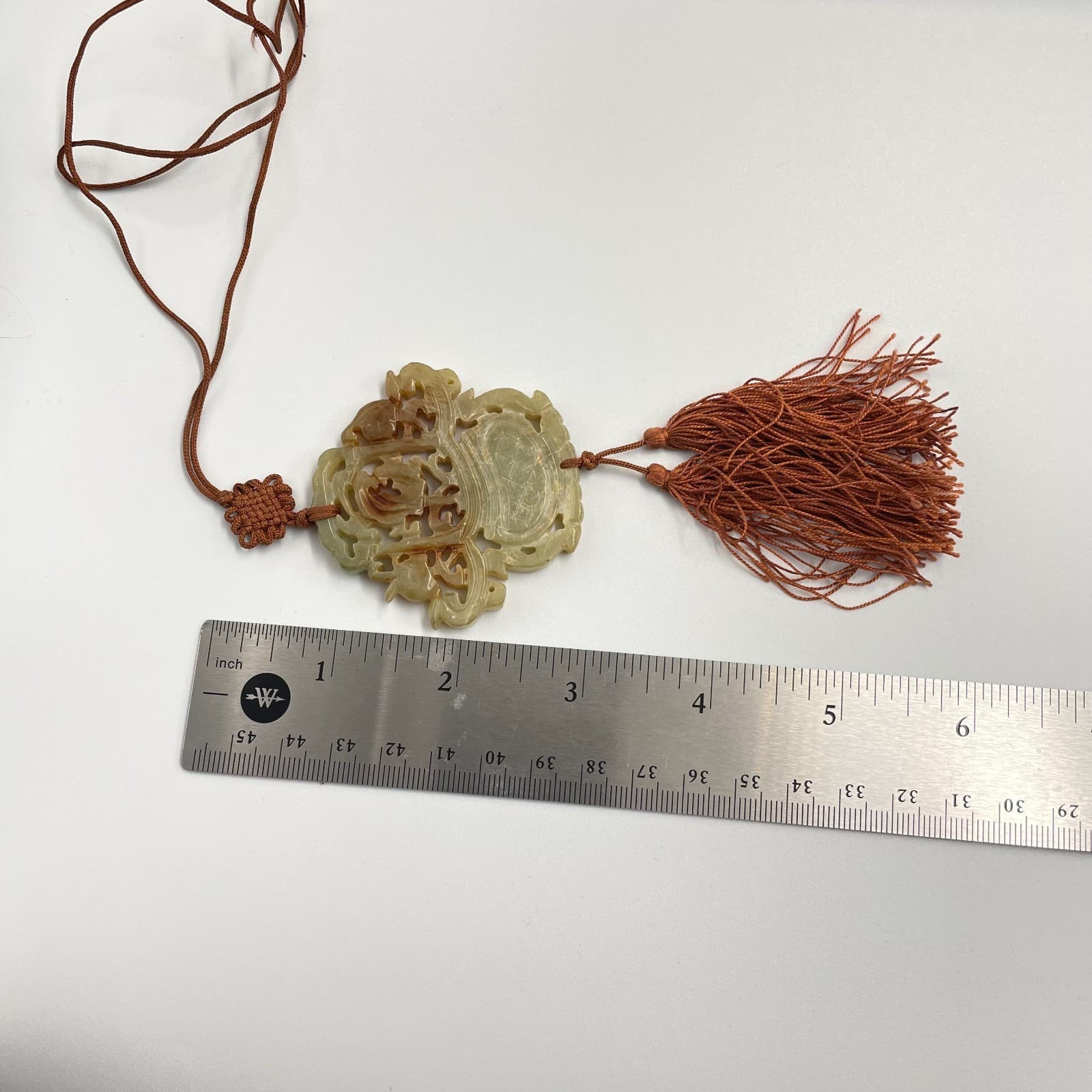 Vintage 90s Carved Celadon Pendant Necklace Tassel Brown Cord Boho Jewelry - Thumbnail 8