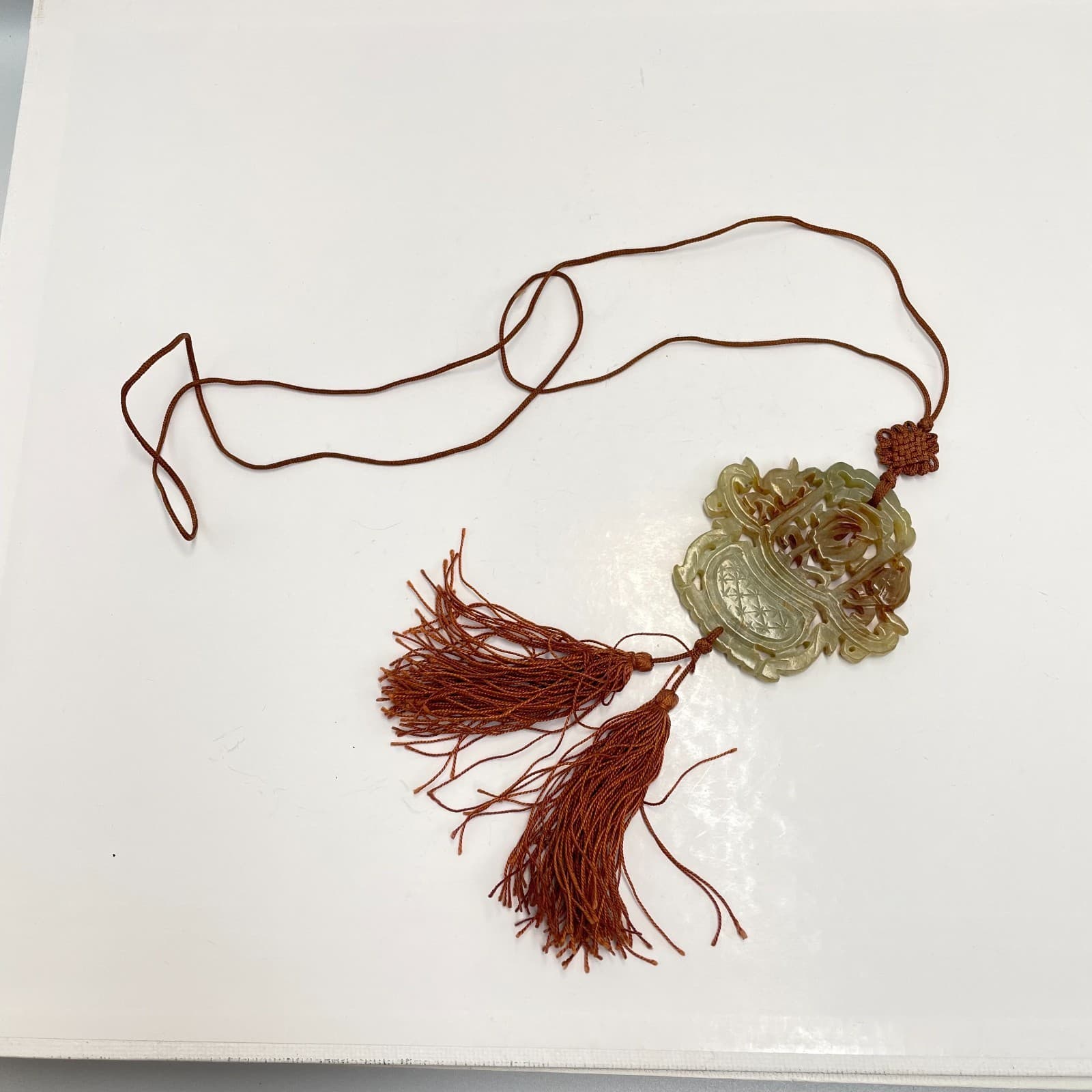 Vintage 90s Carved Celadon Pendant Necklace Tassel Brown Cord Boho Jewelry - Thumbnail 6