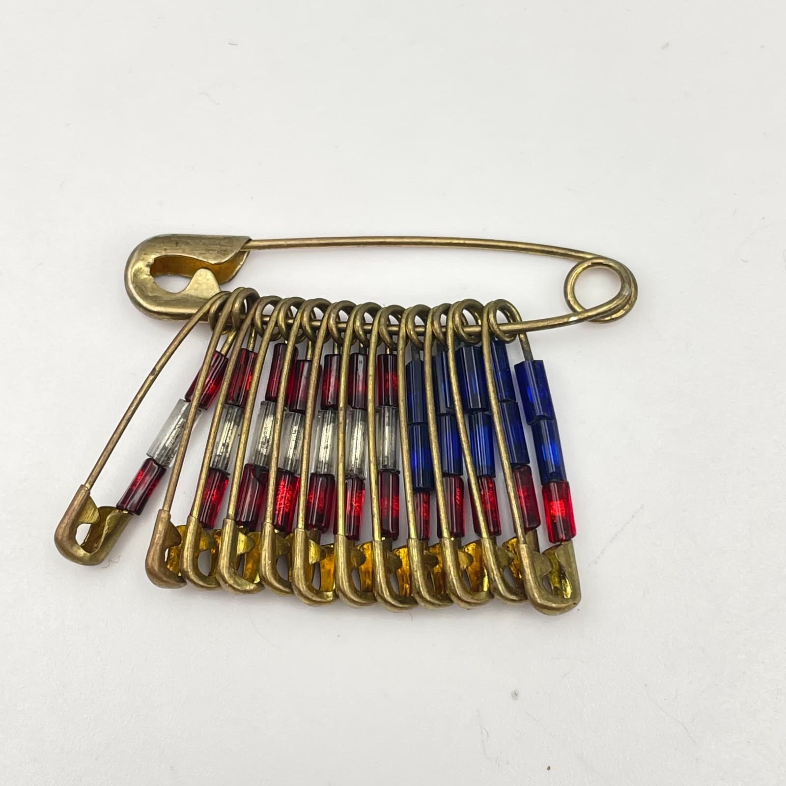 Vintage 90s Gold Tone USA Flag Safety Pin Brooch Glass Bead Patriotic Jewelry - Thumbnail 5