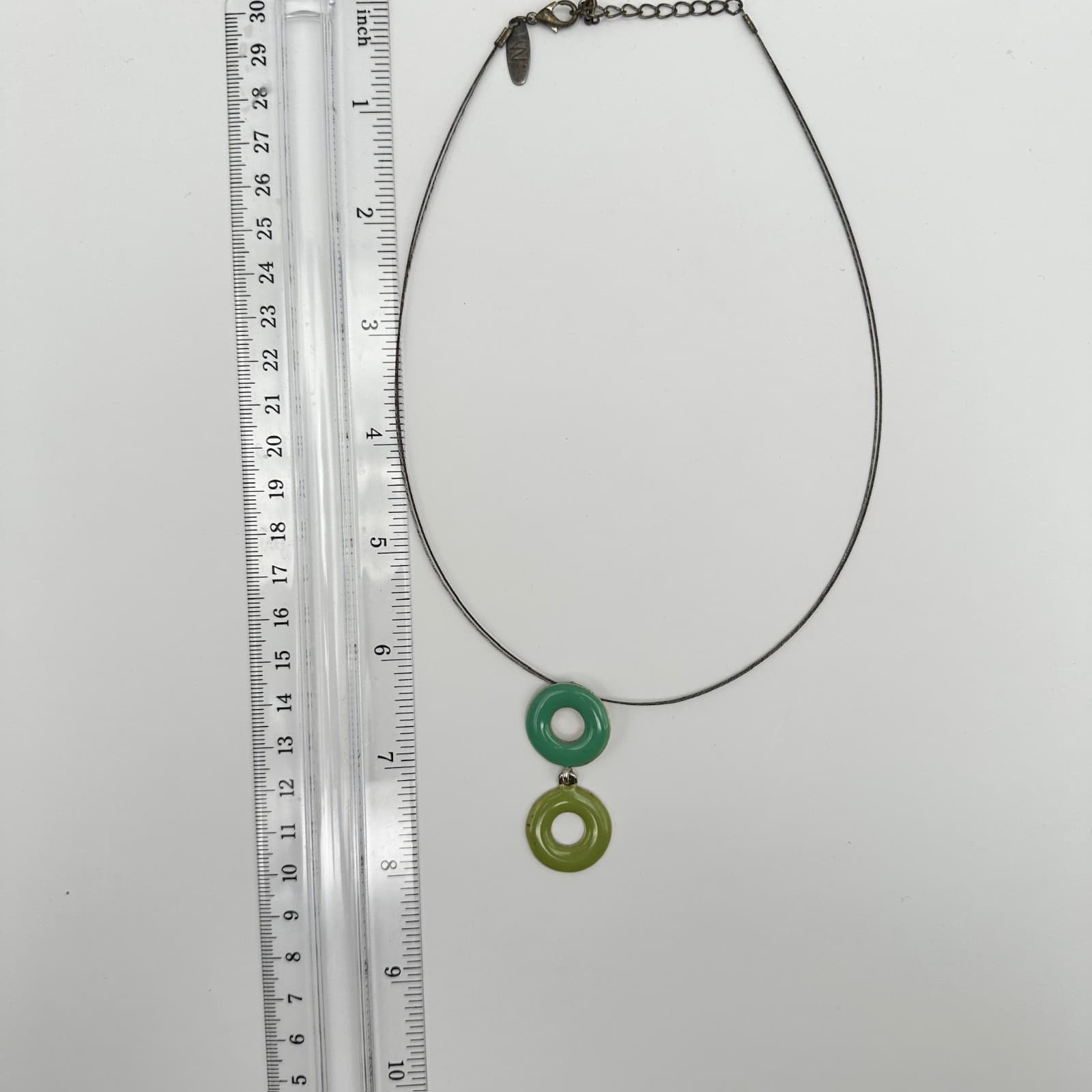 Vintage Green Enamel Double Ring Pendant Necklace Dark Wire Women's Jewellery - Thumbnail 7