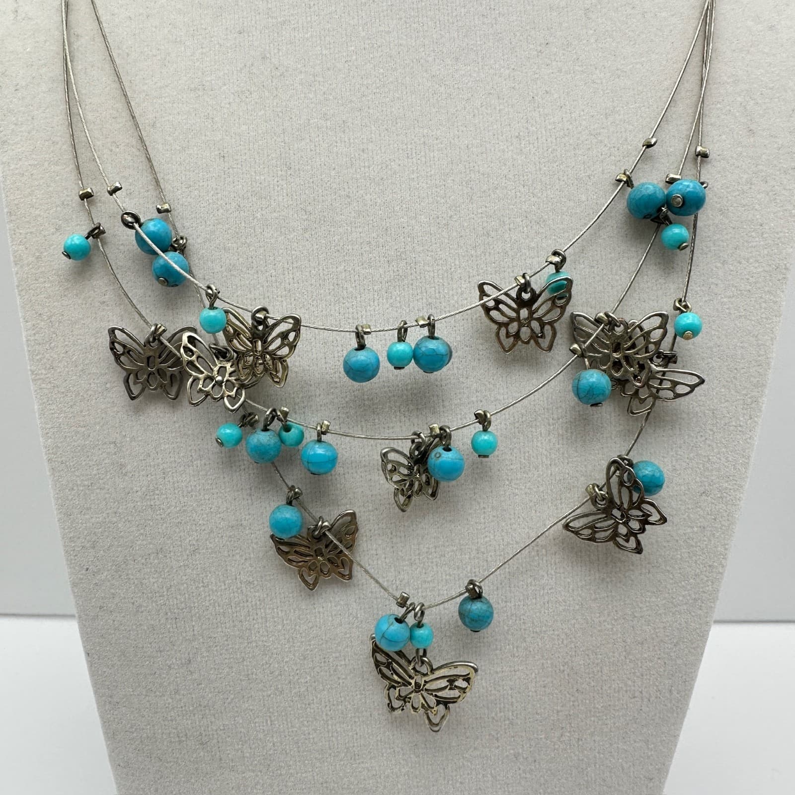 Vintage Layered Necklace Blue Stone Butterfly Silver Tone Women's Jewellery - Thumbnail 2